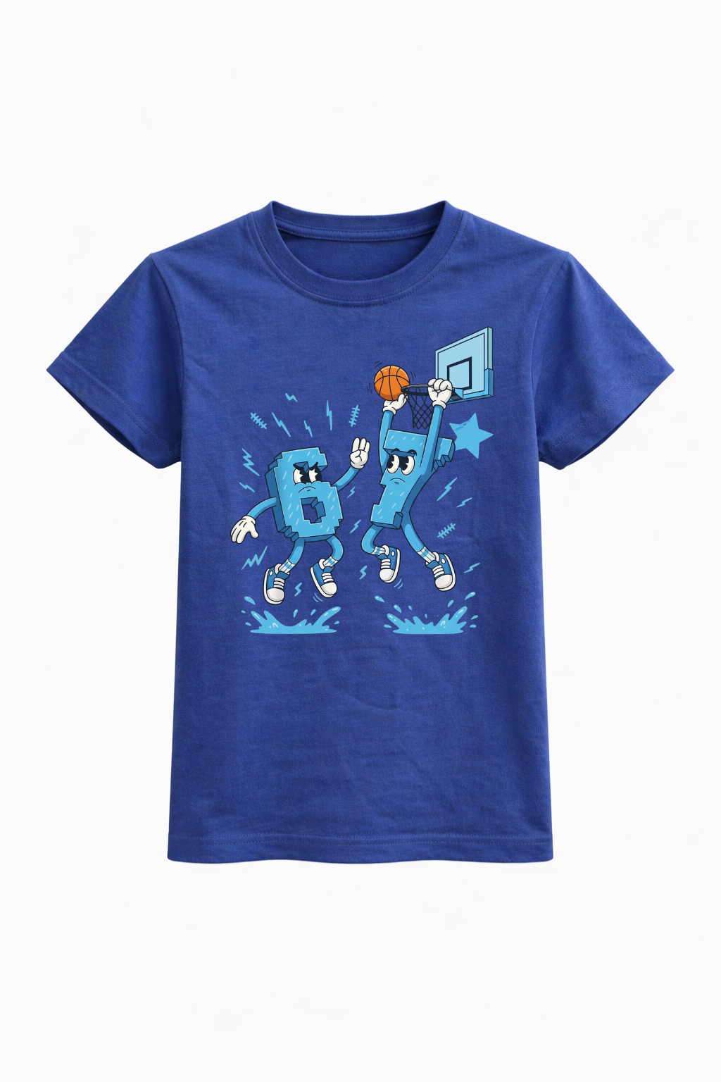 Blue t-shirt with cartoon design on a white background
