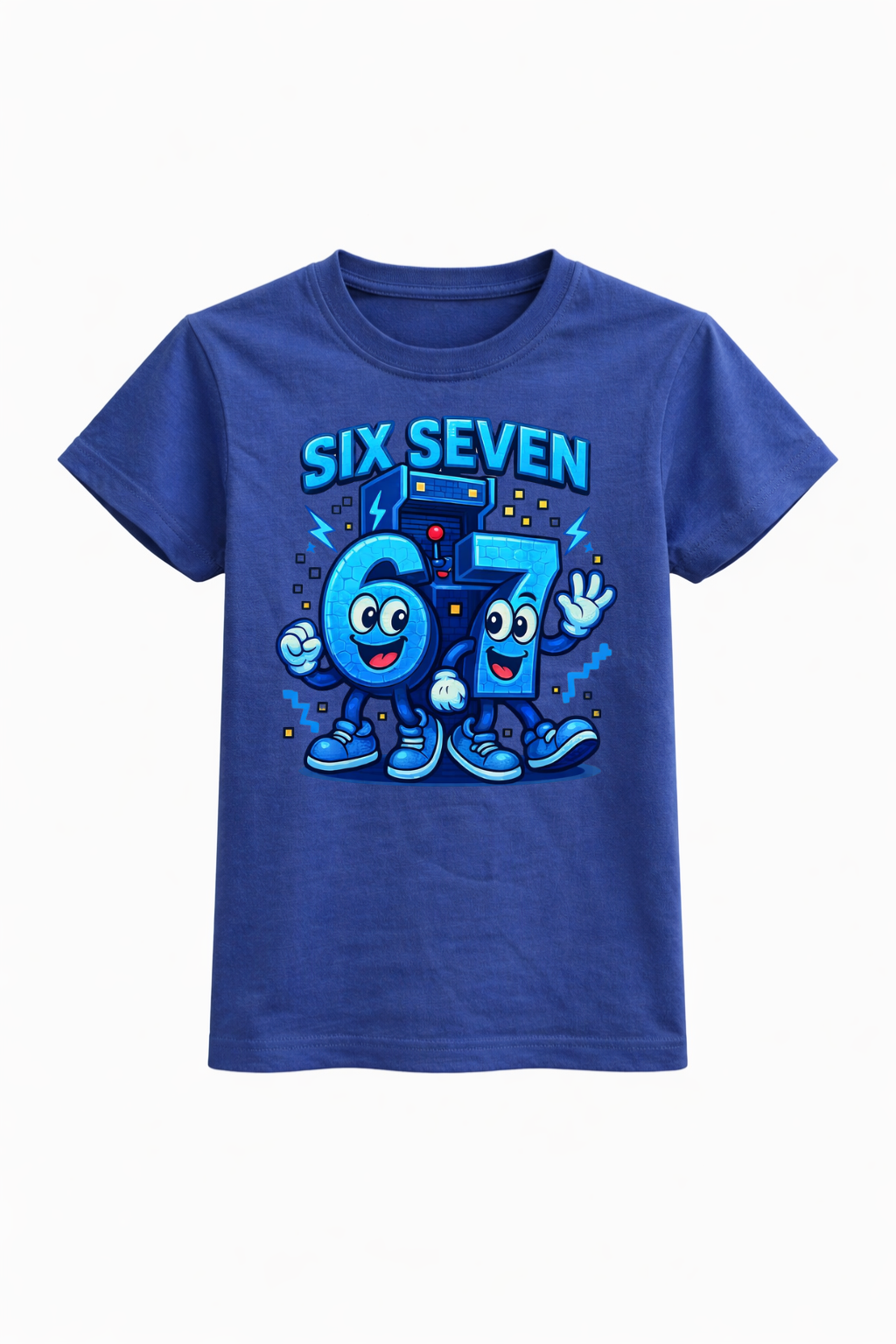 Blue t-shirt with cartoon numbers and text on a white background