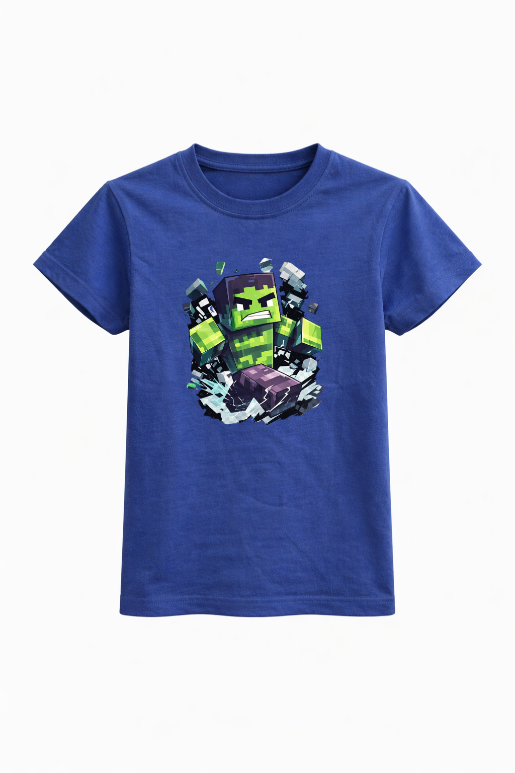Blue t-shirt with a graphic design on a white background