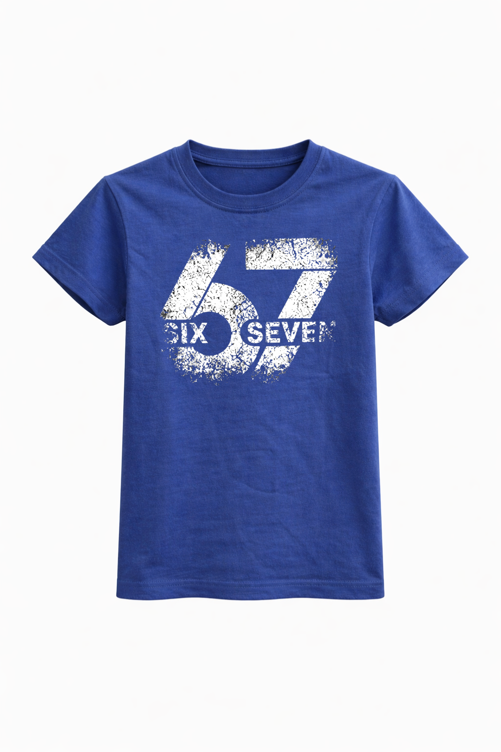 Blue t-shirt with white graphic design on a white background
