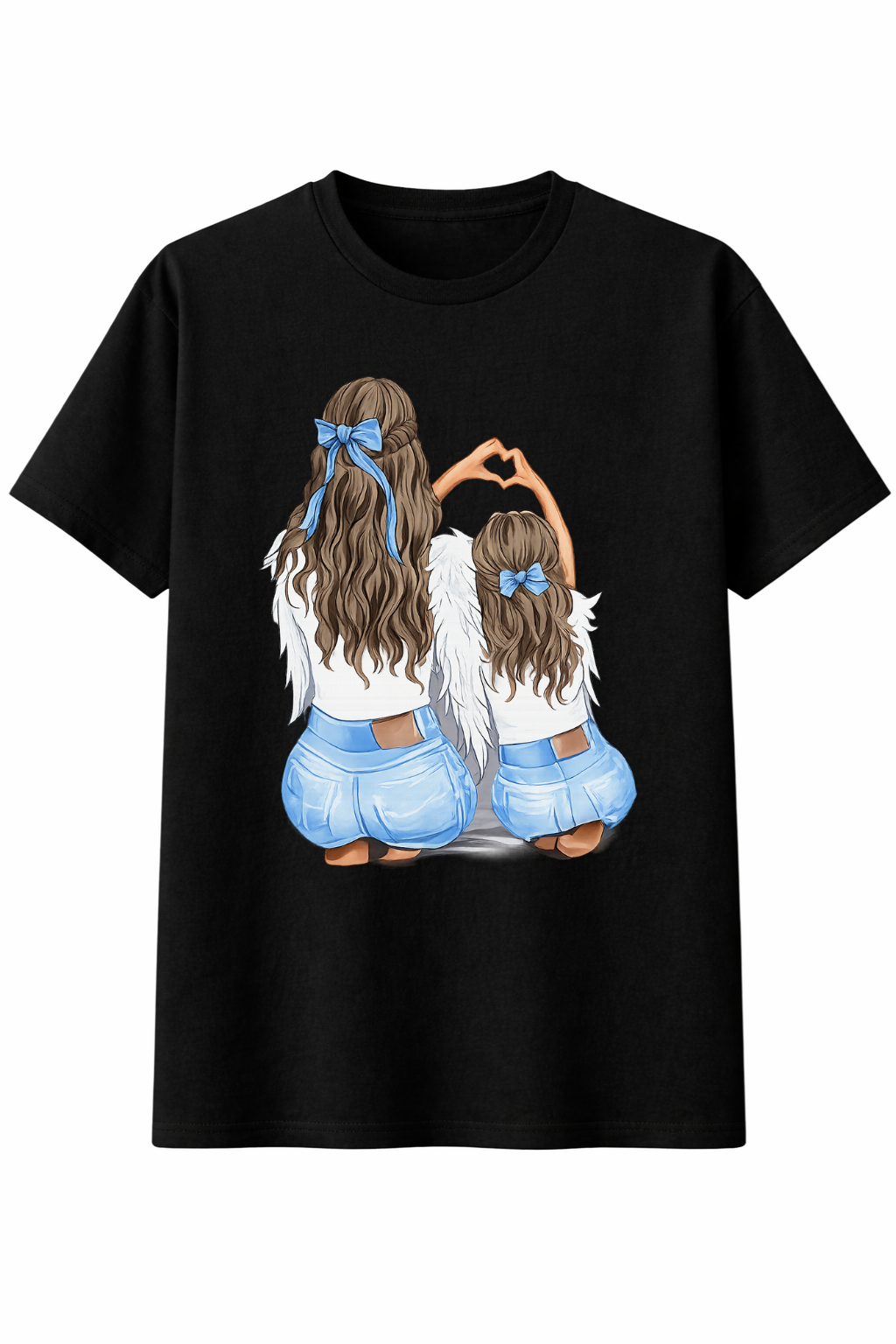 Black t-shirt with a graphic of two women with long hair and blue bows, sitting back-to-back on a white background.