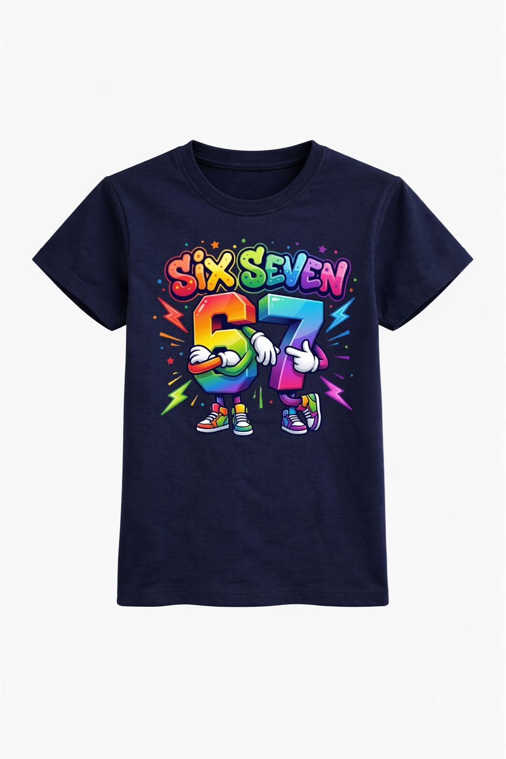 Navy blue t-shirt with colorful 'Six Seven 67' design on a white background