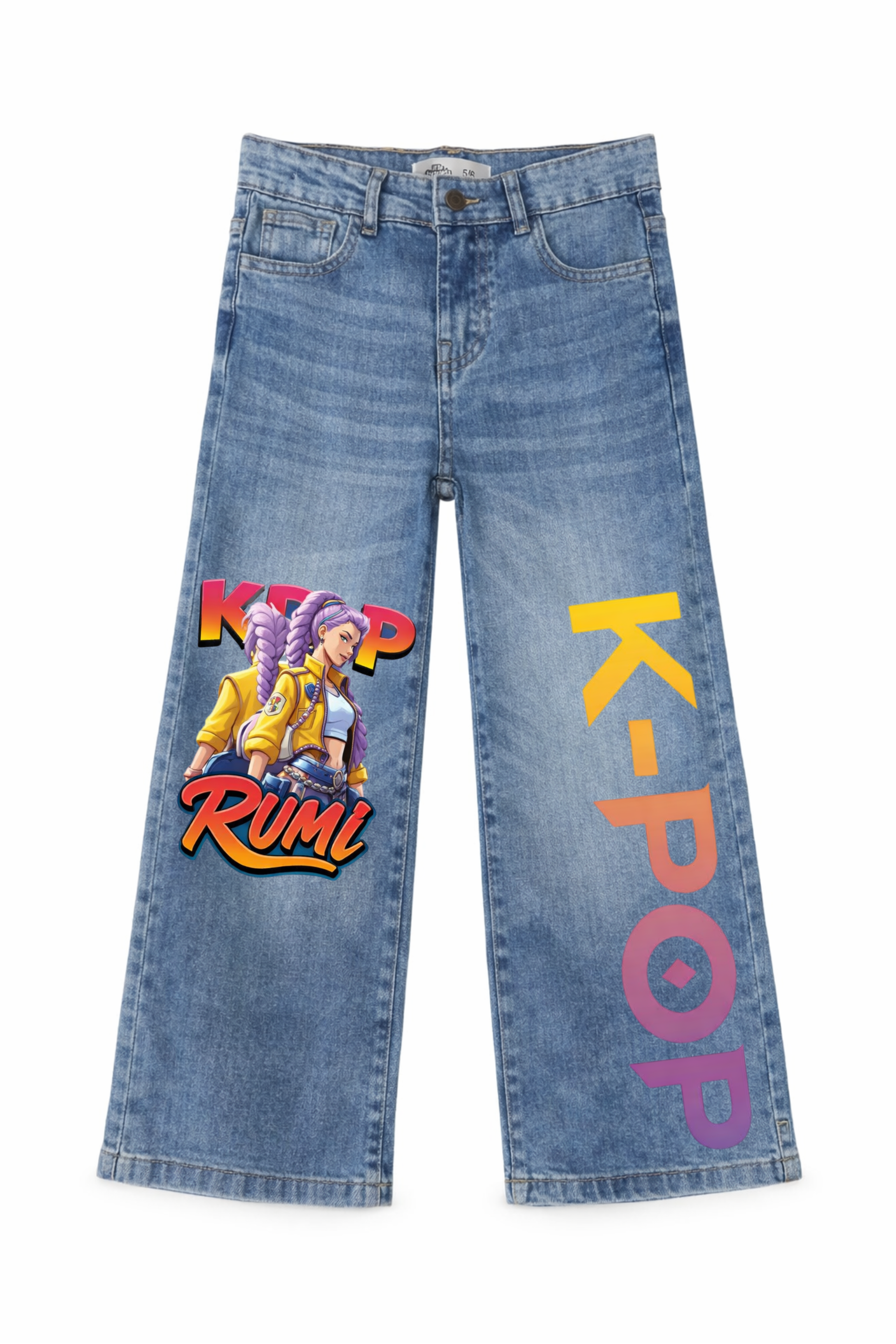 Blue jeans with K-Pop design and text on a white background