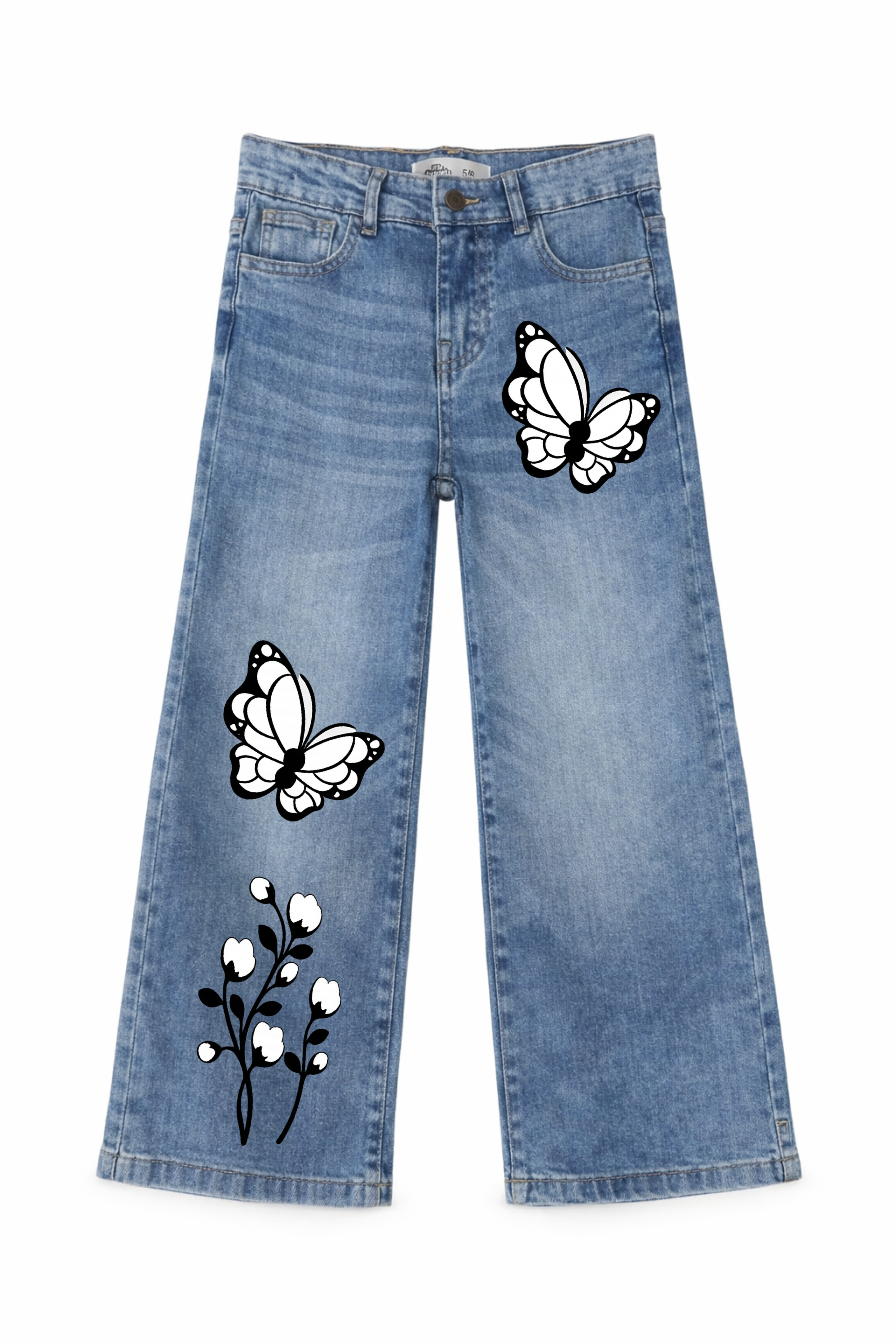 Blue jeans with white butterfly designs on a white background