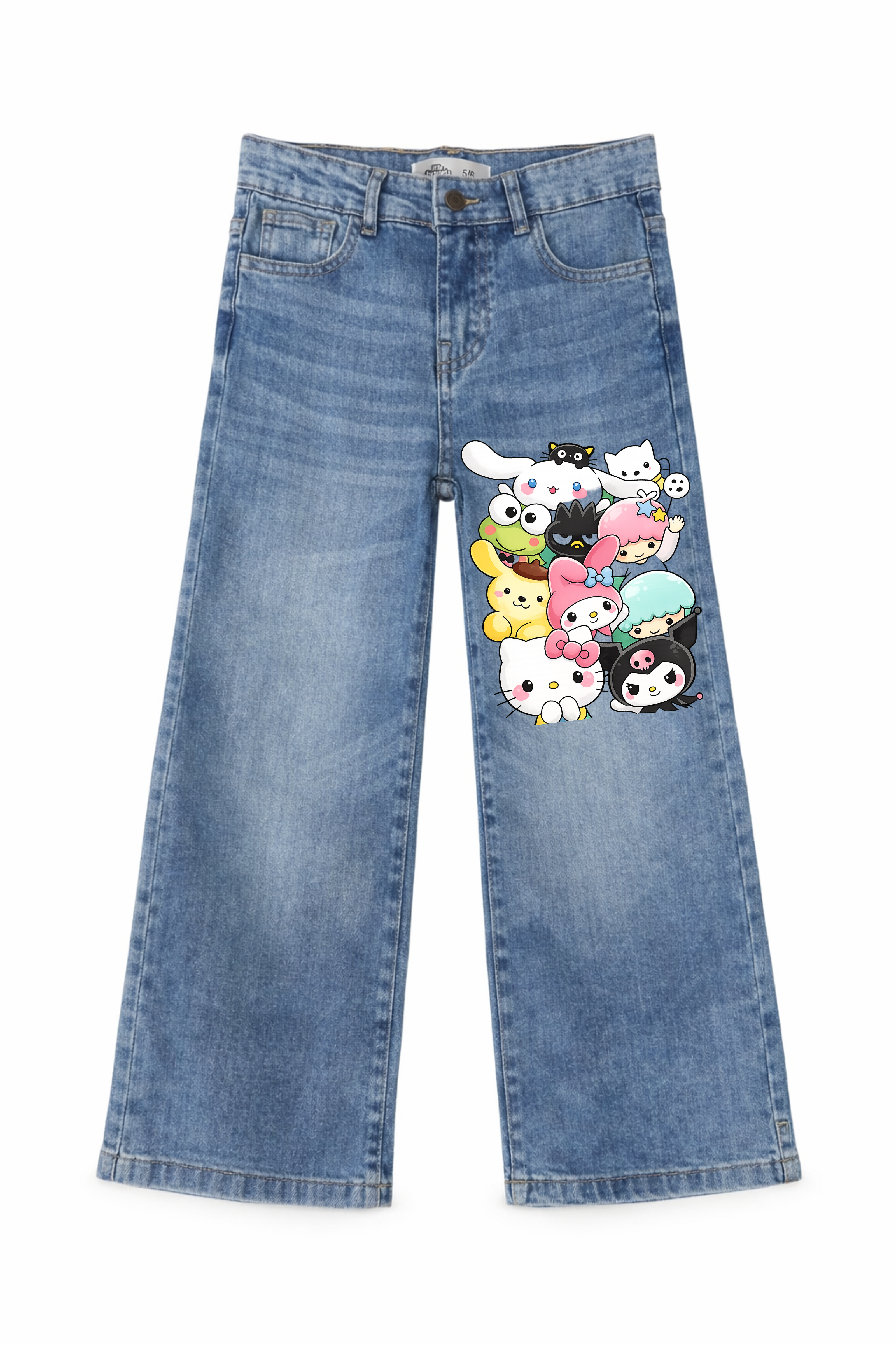 Blue jeans with cartoon character patches on a white background