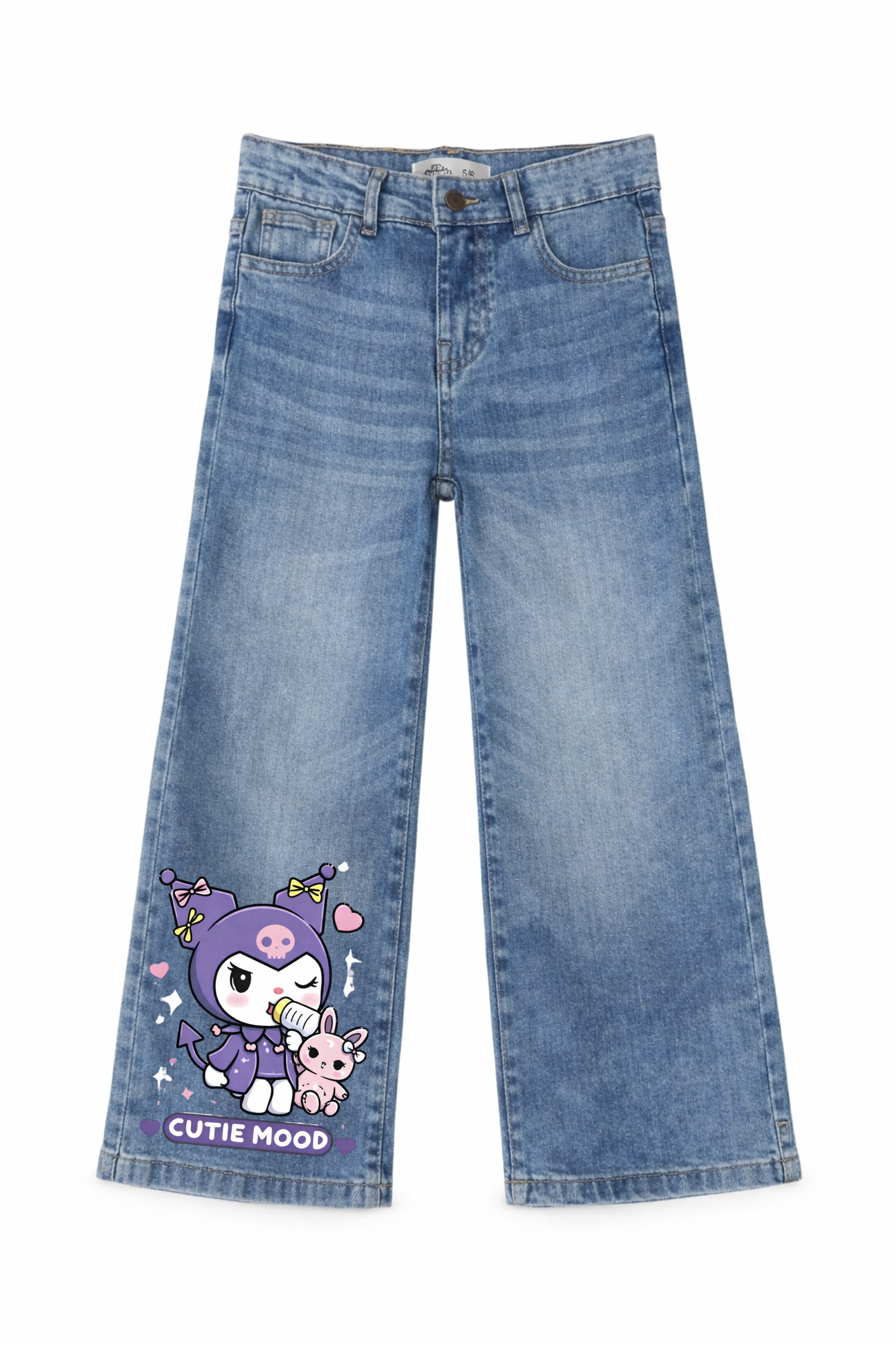 Blue jeans with a cartoon character and 'Cutie Mood' text on a white background