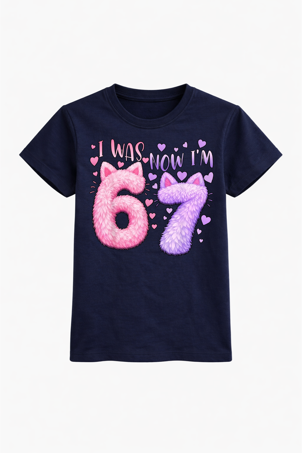 Navy blue t-shirt with pink and purple numbers 67 and cat ears on a white background