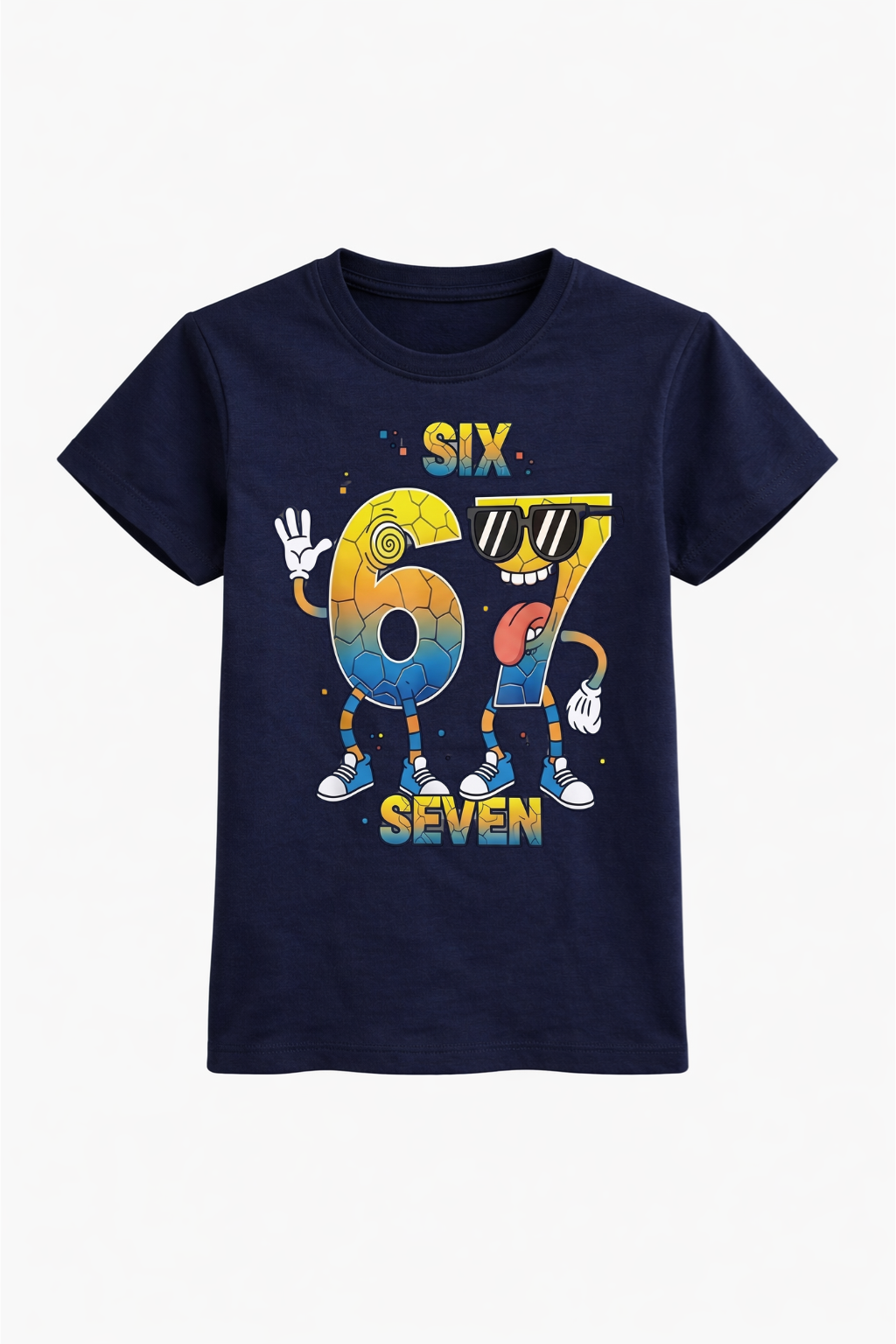 Navy blue t-shirt with colorful 'Six 67 Seven' design on a white background