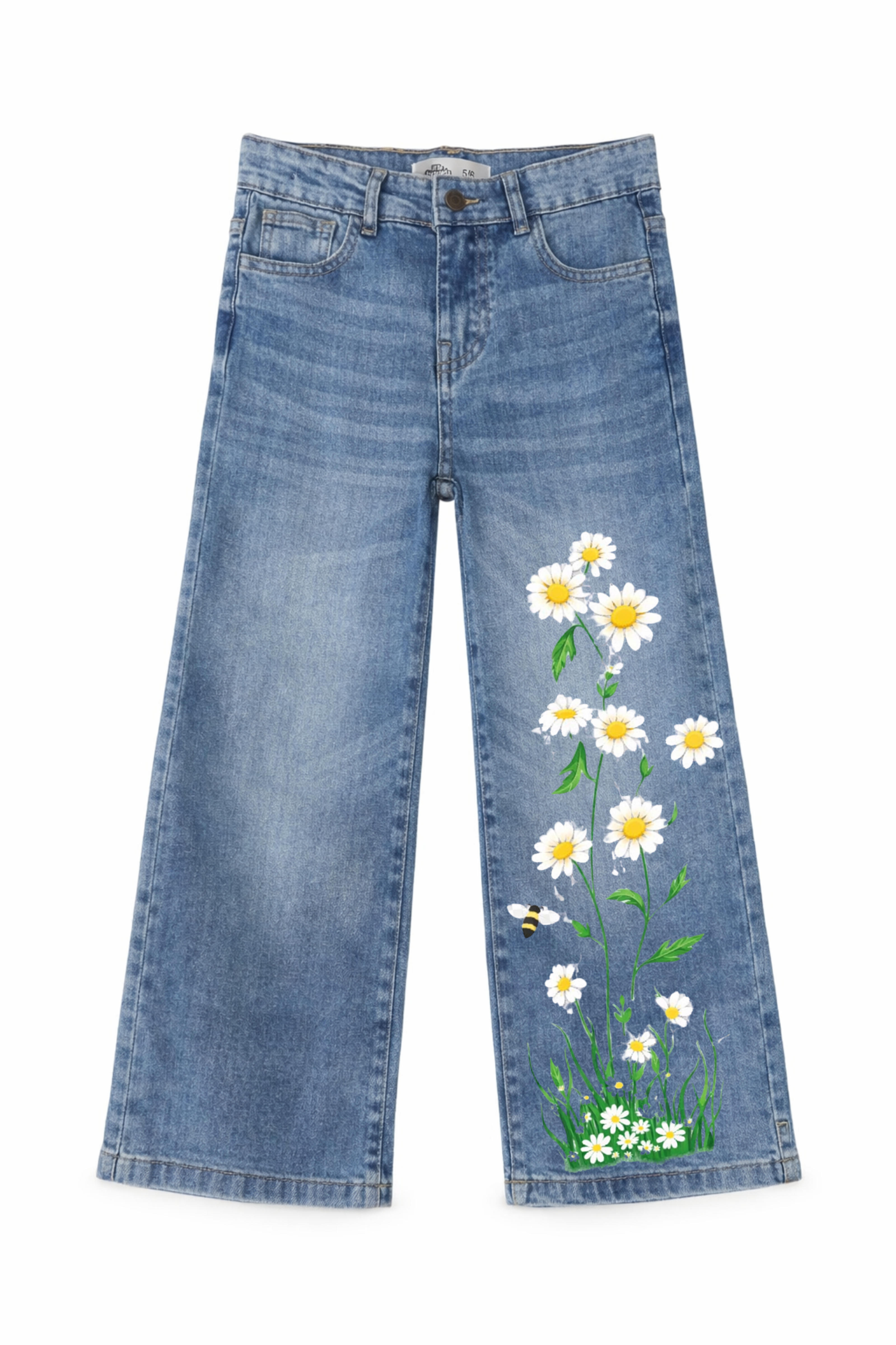 Blue jeans with floral embroidery on a white background