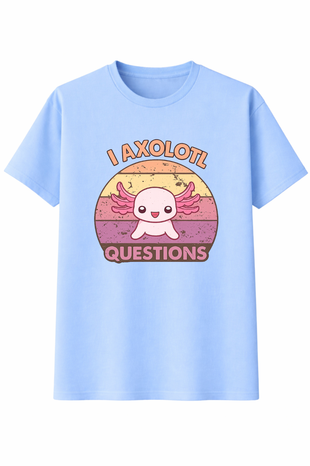 Light blue t-shirt with axolotl graphic and text on a white background