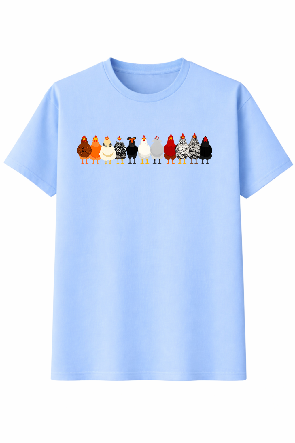 Light blue t-shirt with colorful chicken graphic on a white background