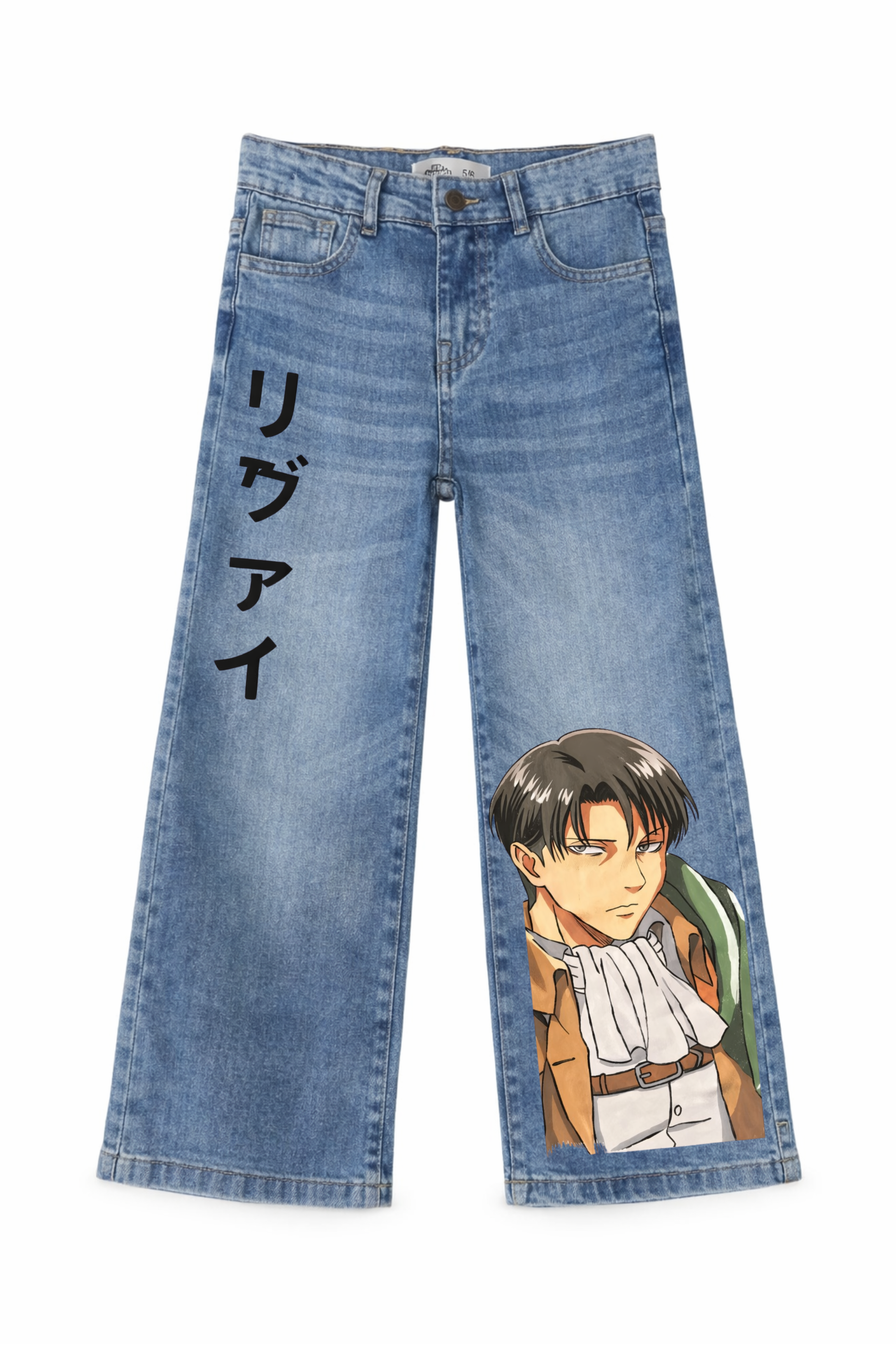 Blue jeans with an anime character and text on a white background