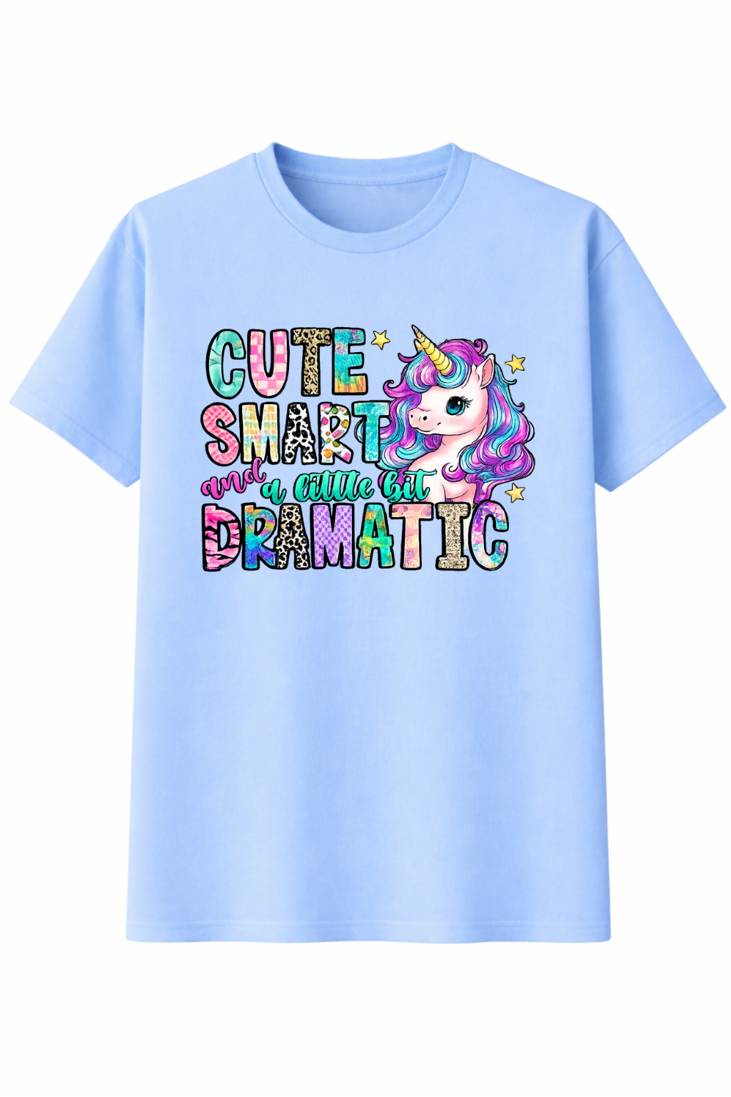 Light blue t-shirt with a colorful unicorn graphic and text on a white background