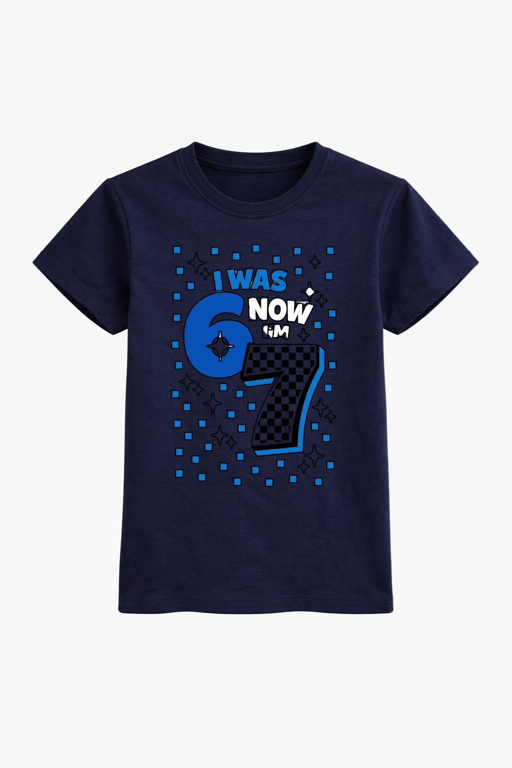 Navy blue t-shirt with blue text and design on a white background
