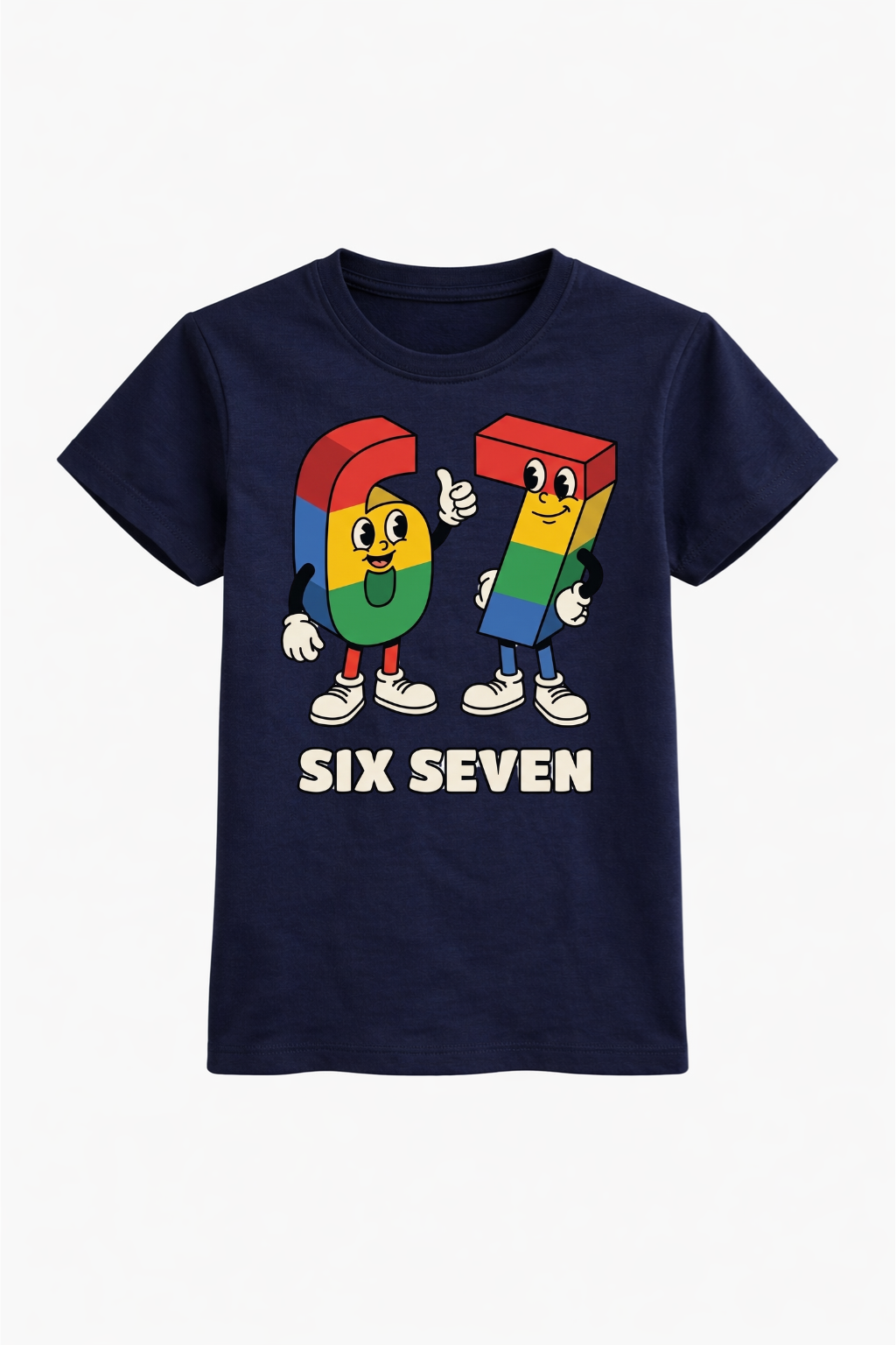 Navy blue t-shirt with colorful 'Six Seven' graphic on a white background