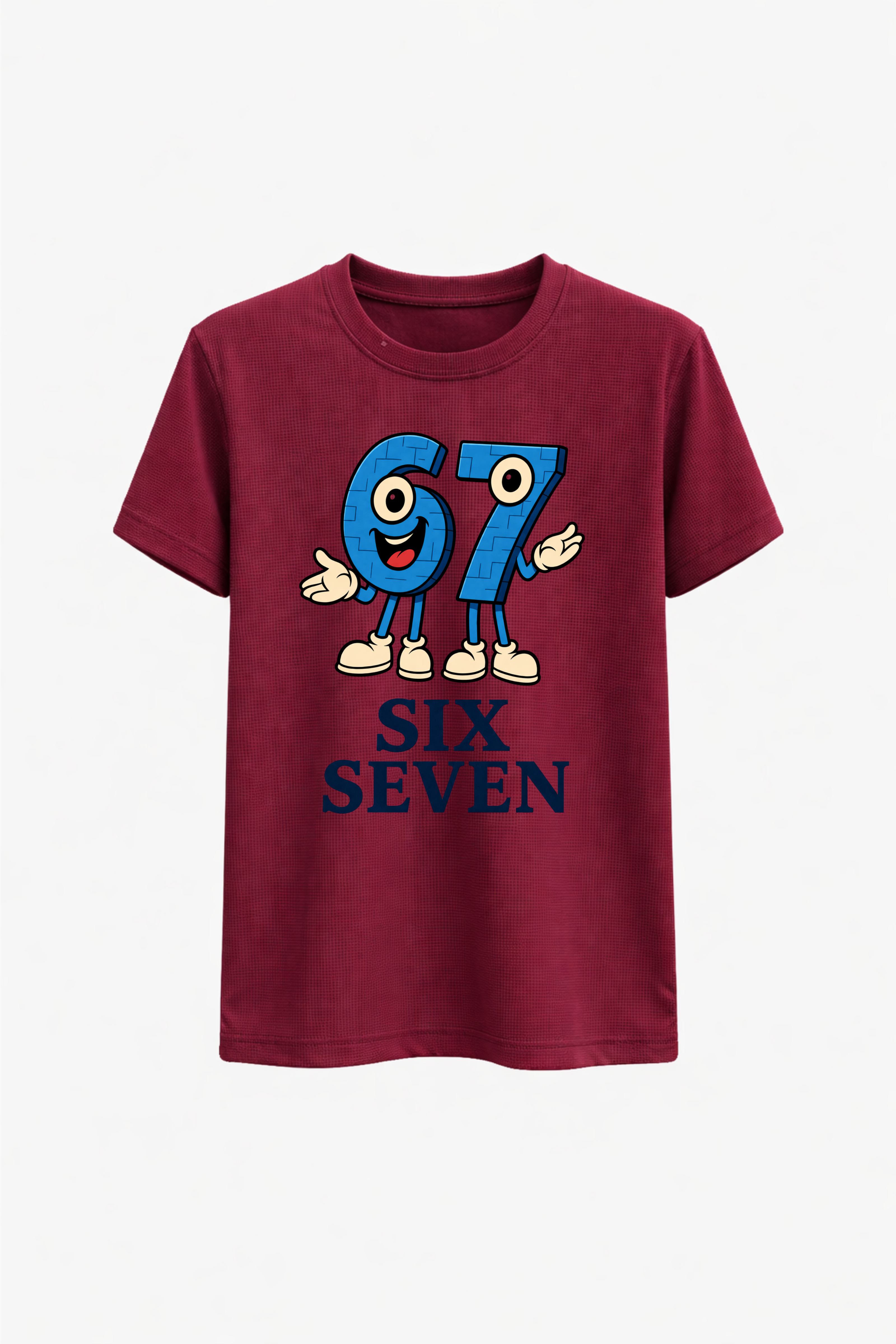 Maroon t-shirt with a blue and yellow graphic design on a white background