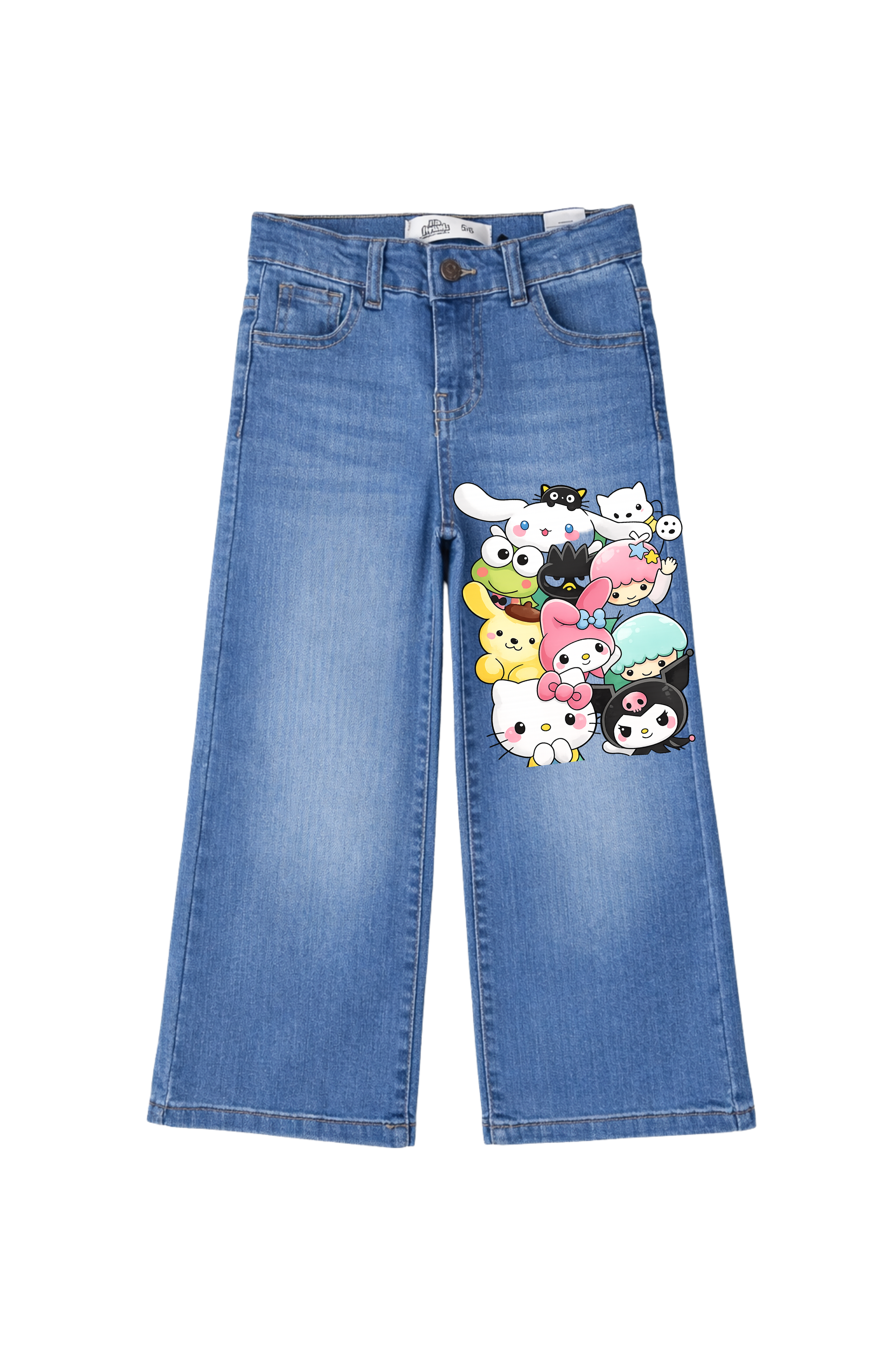 Blue jeans with cartoon character patch on a white background