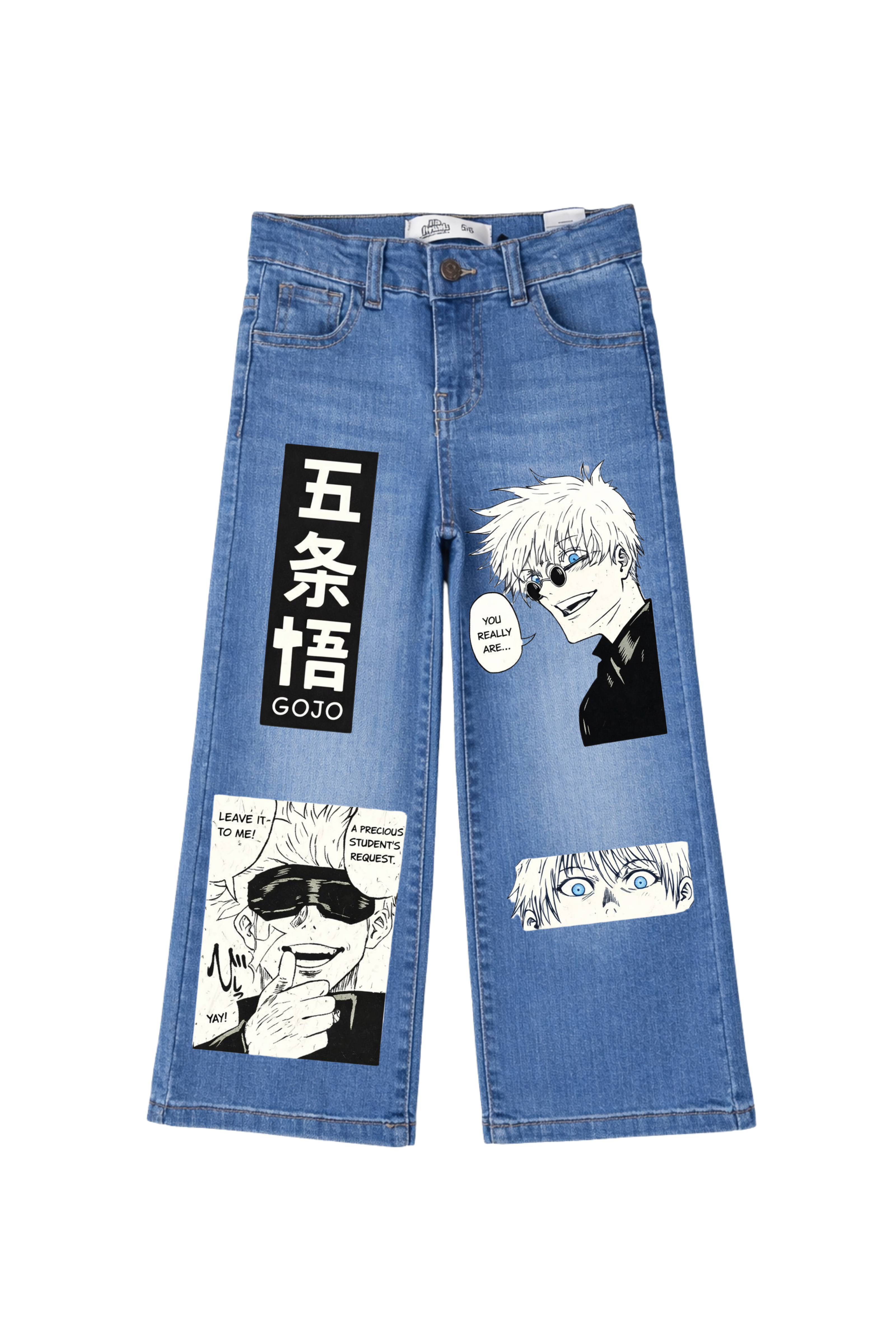 Blue jeans with anime character patches on a white background