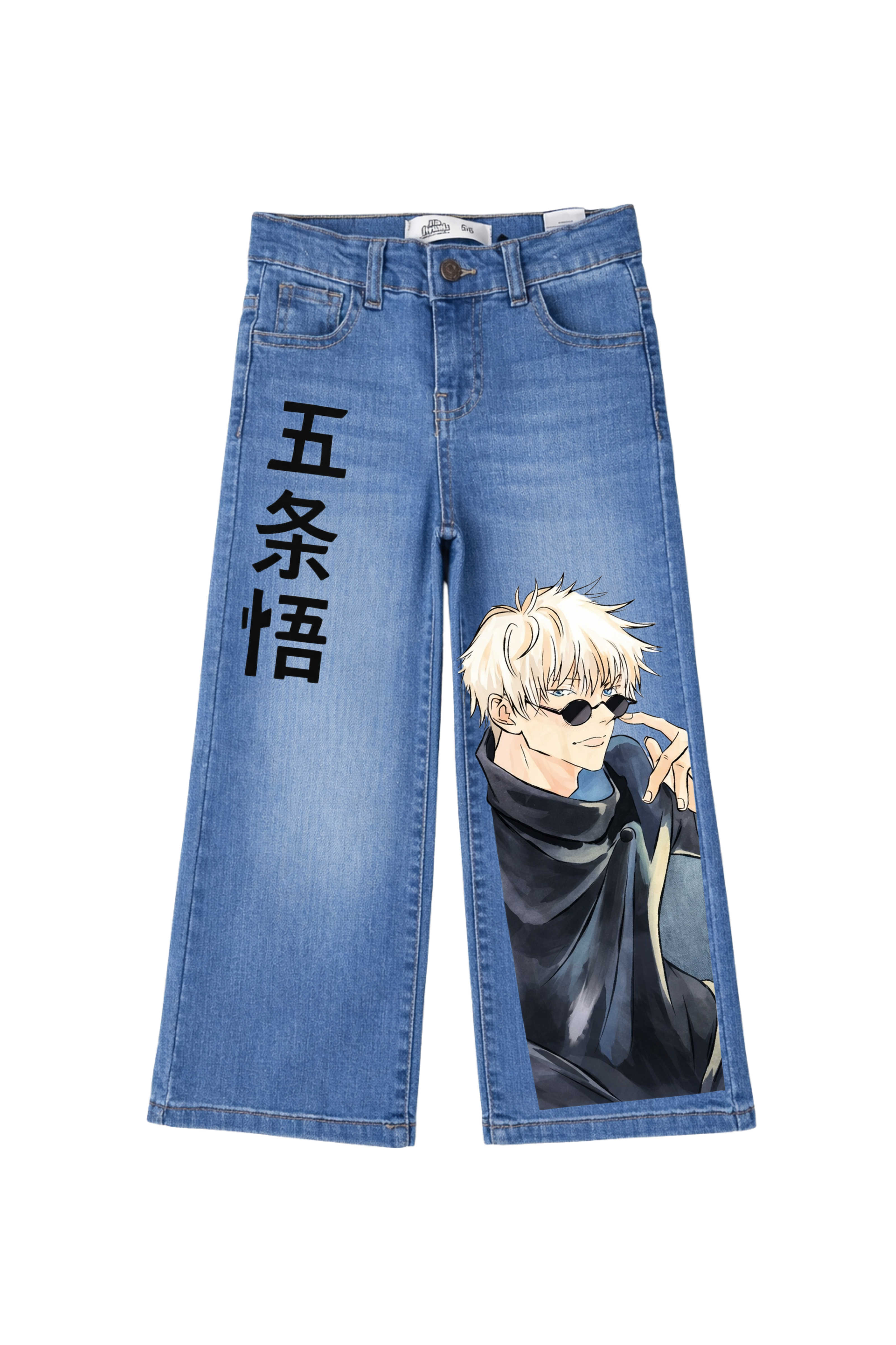 Blue jeans with anime character and text on a white background