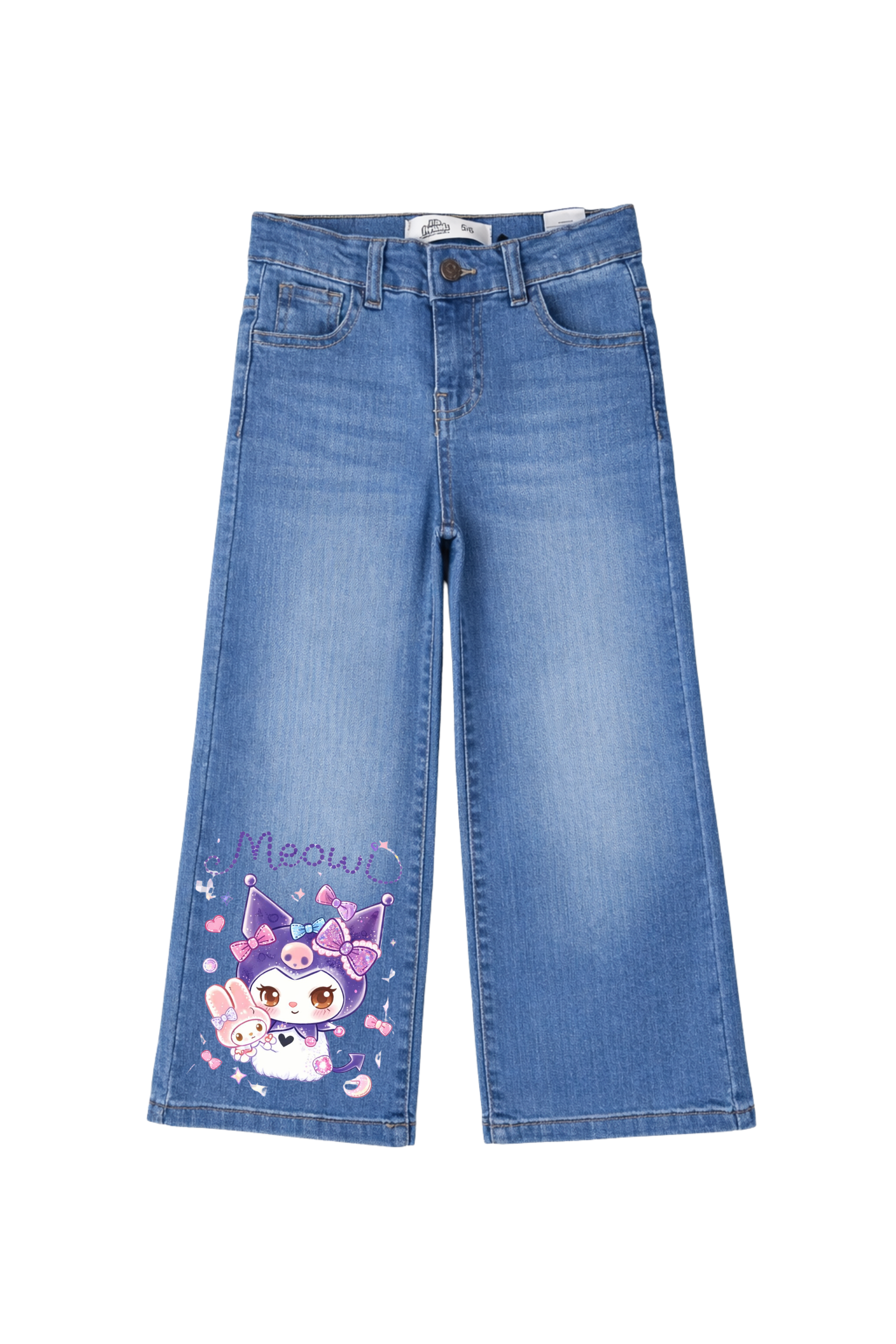 Blue jeans with a cartoon design and 'Meow' text on a white background