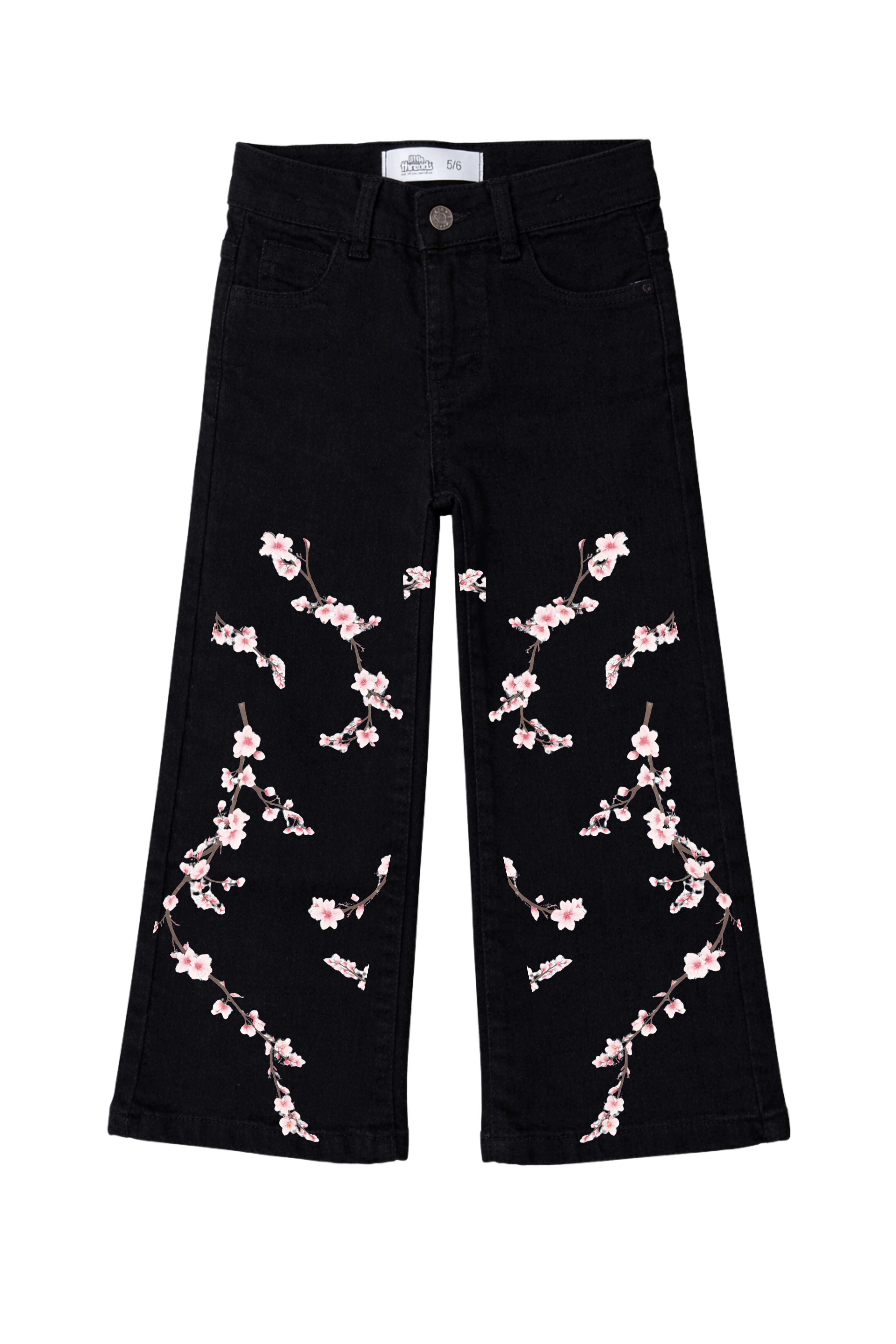 Black jeans with floral embroidery on a white background