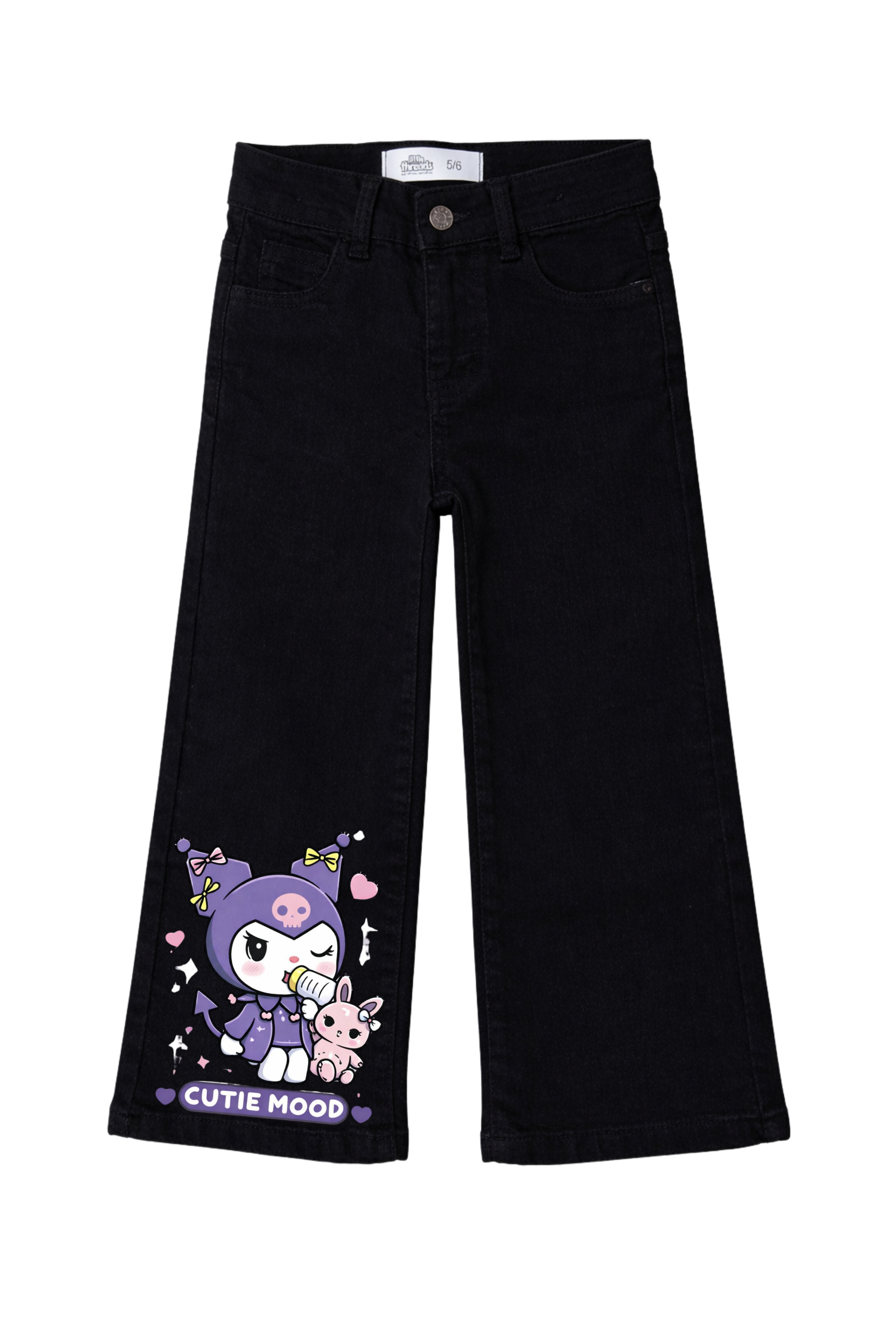 Black jeans with cartoon character and 'Cutie Mood' text on a white background