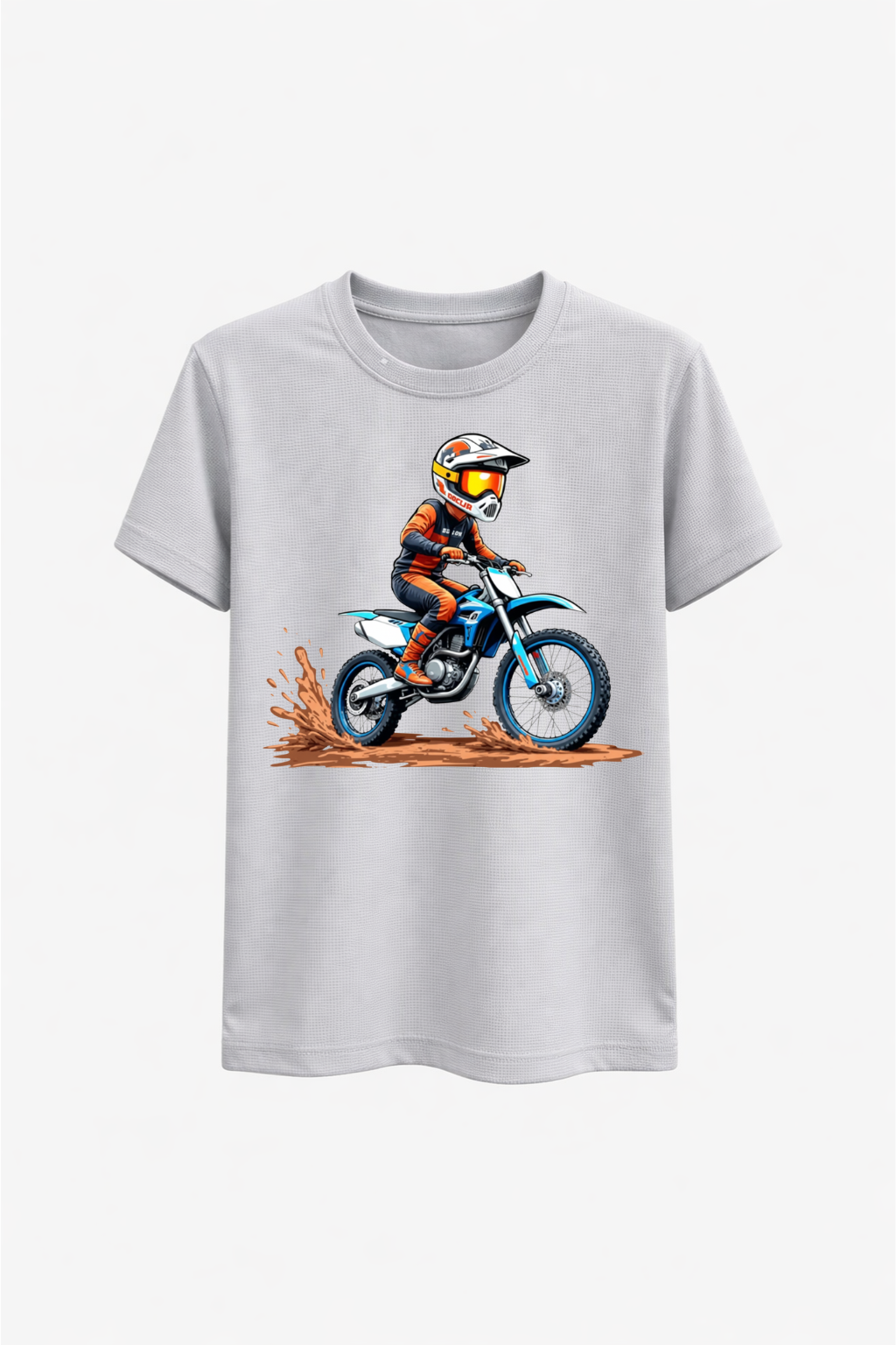 White t-shirt with a graphic of a person riding a dirt bike on a white background