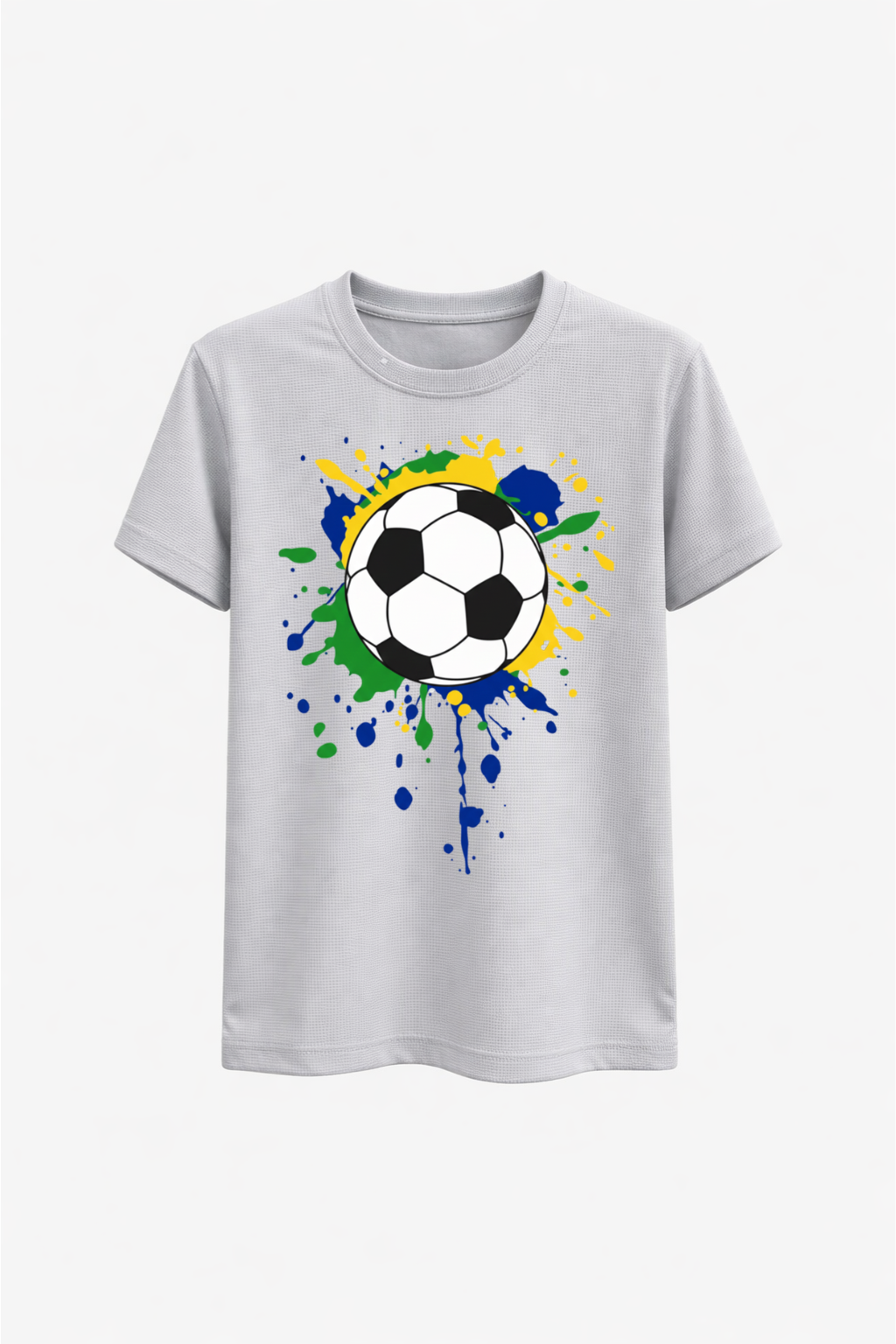 White t-shirt with a soccer ball design featuring Brazil's flag colors on a white background