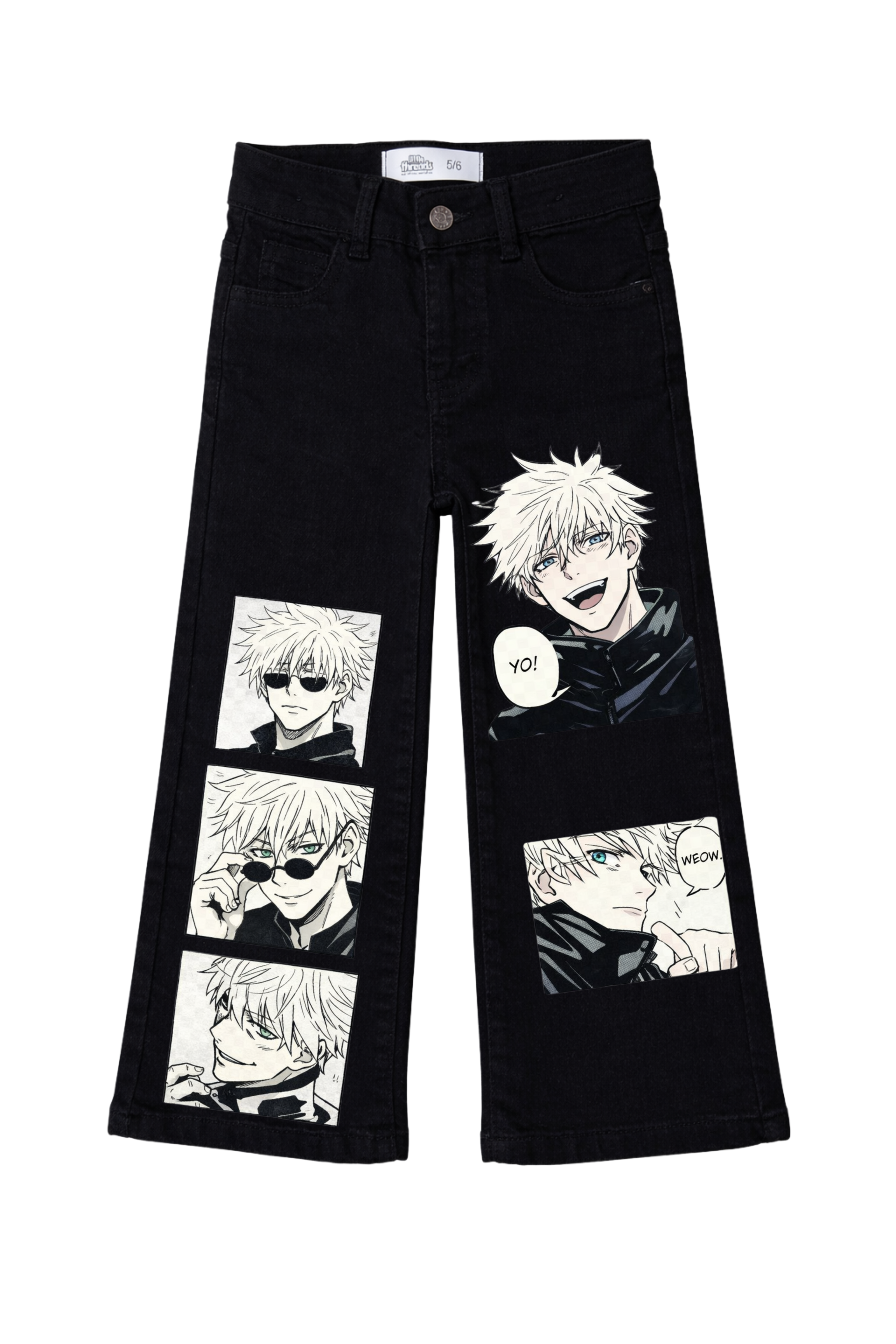 Black jeans with anime character illustrations on a white background