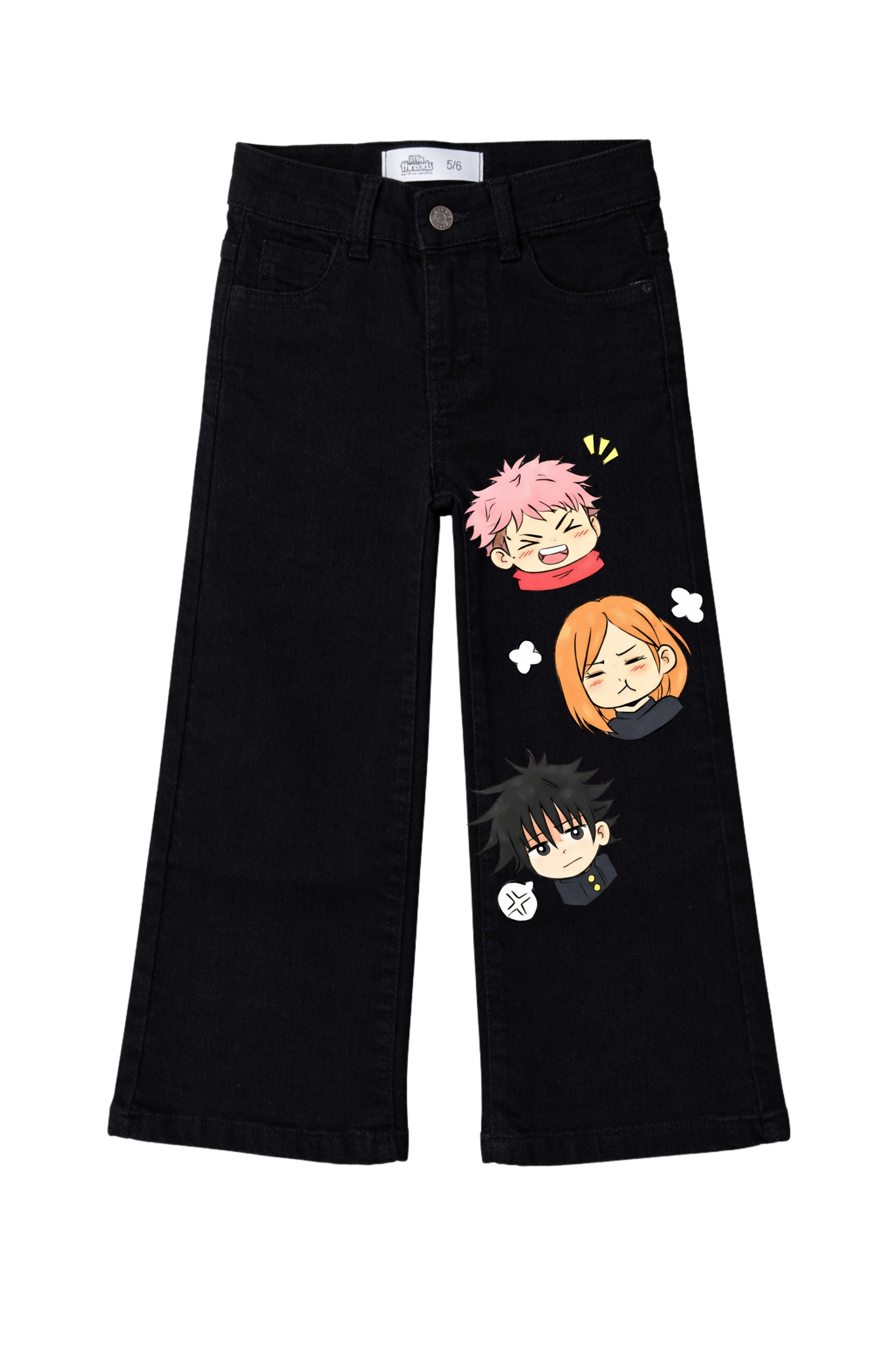 Black pants with cartoon character designs on a white background