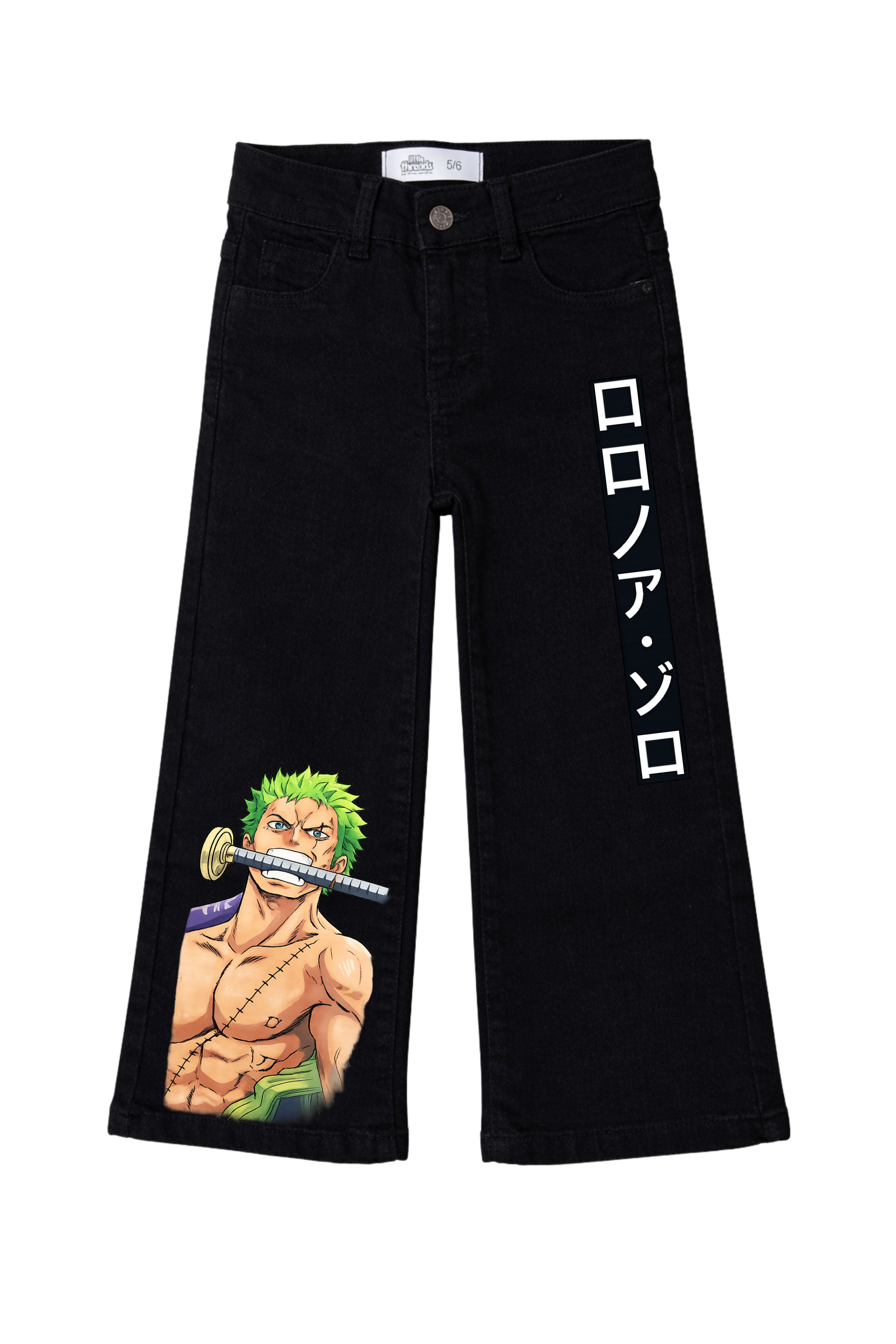 Black pants with anime character and text on a white background