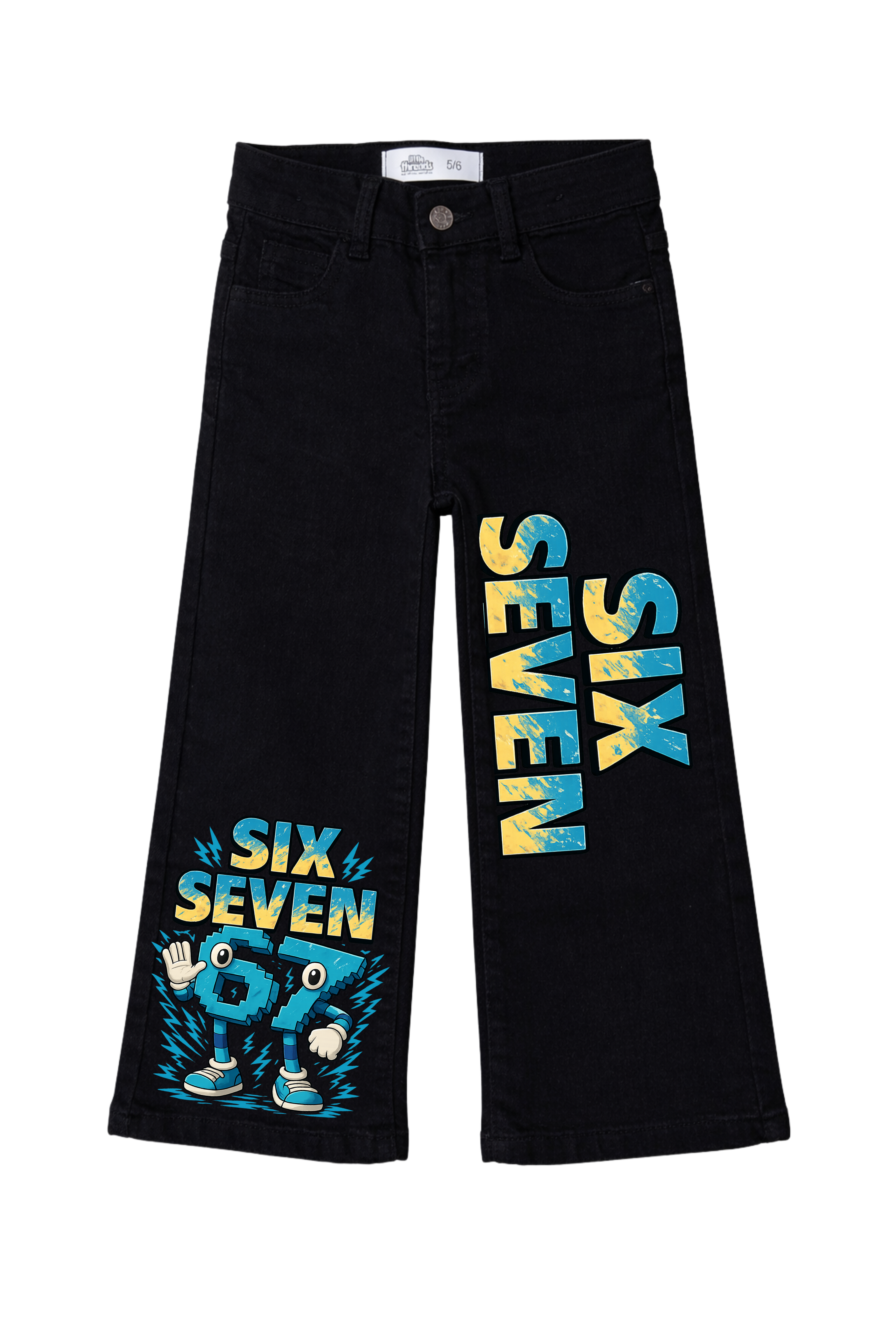 Black pants with 'Six Seven' text and graphics on a white background
