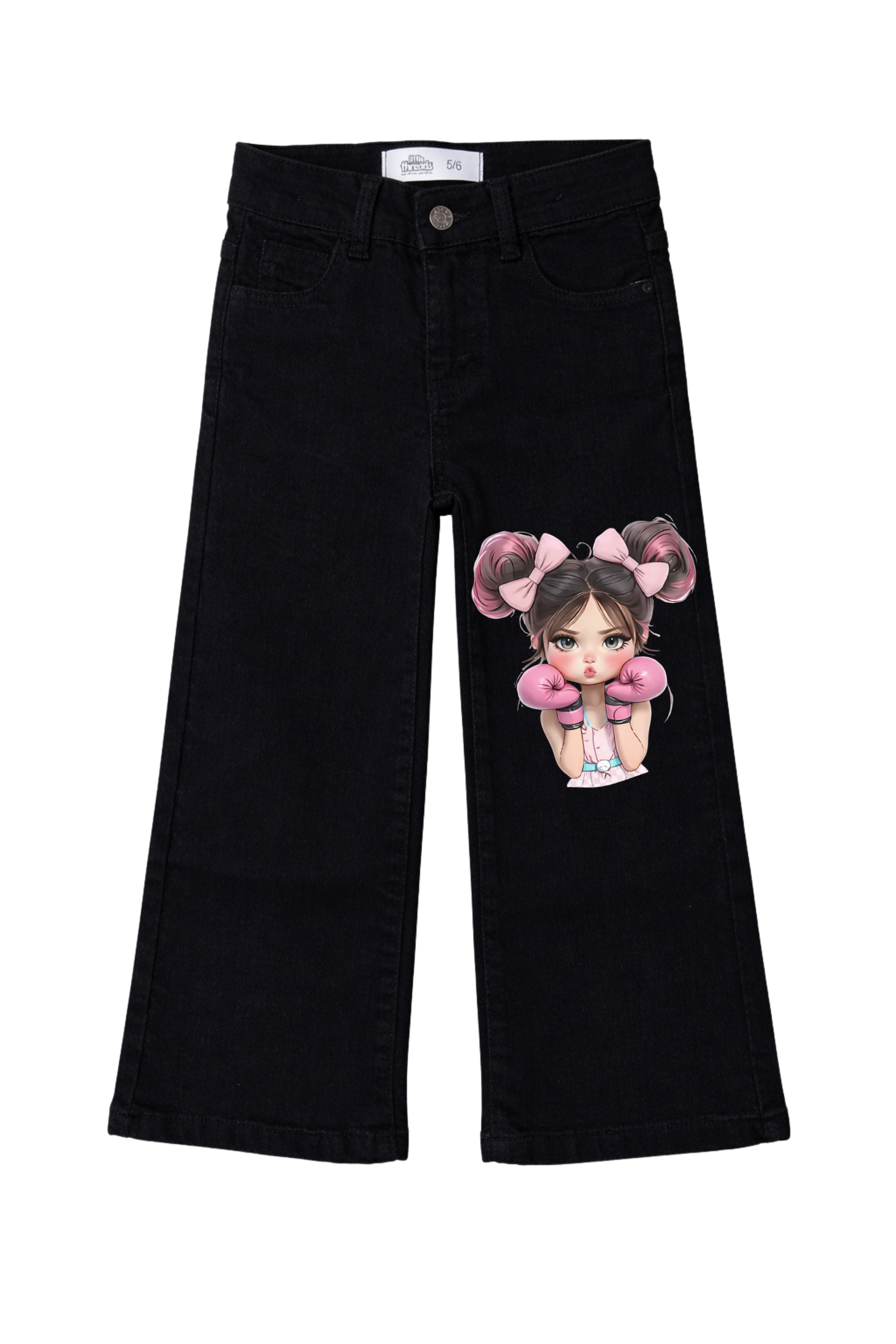Black pants with a graphic of a girl with pink hair and pigtails on a white background