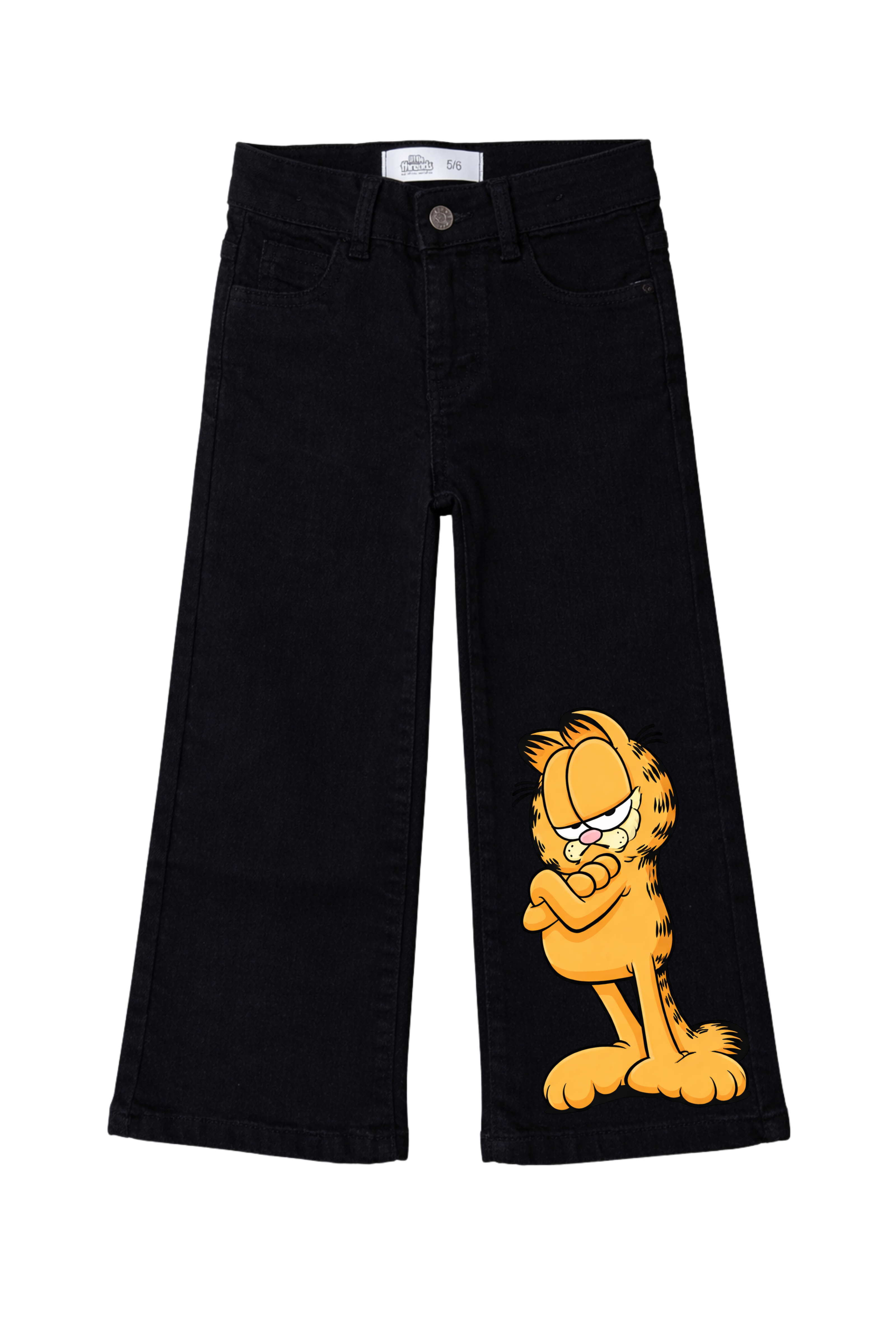 Black jeans with a cartoon character on a white background