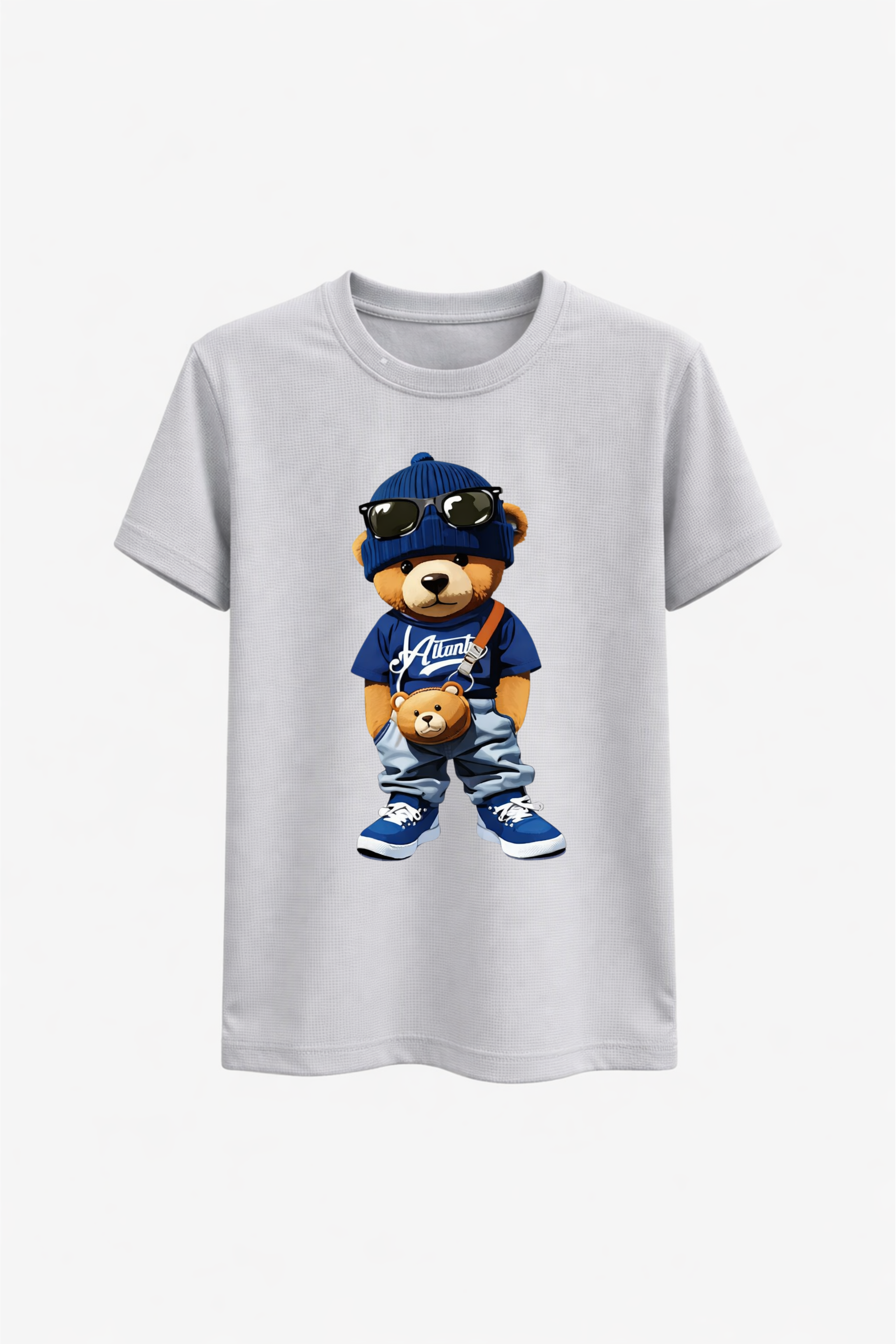 White t-shirt with a teddy bear graphic wearing sunglasses and a cap on a white background