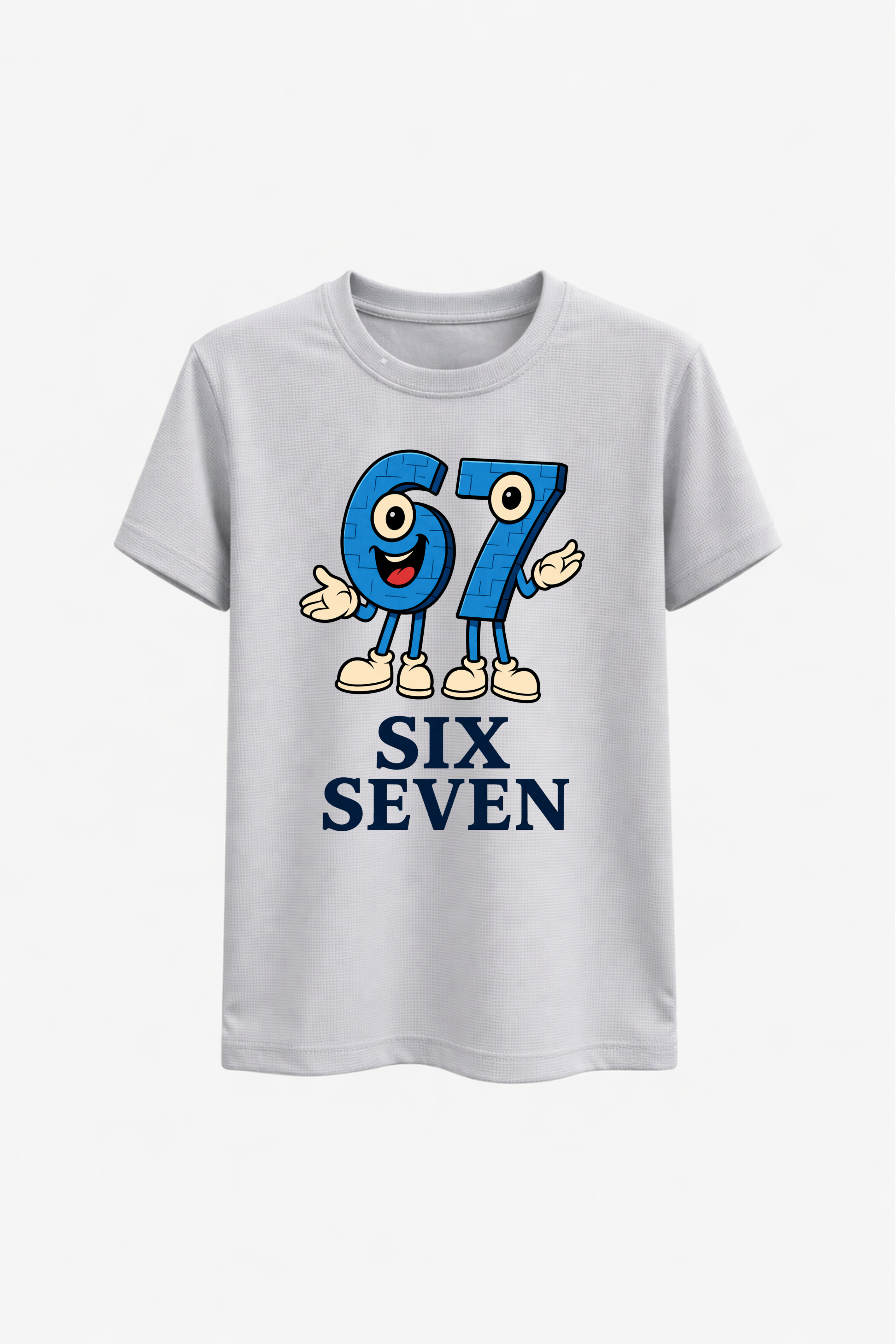 White t-shirt with a blue cartoon character and 'SIX SEVEN' text on a white background