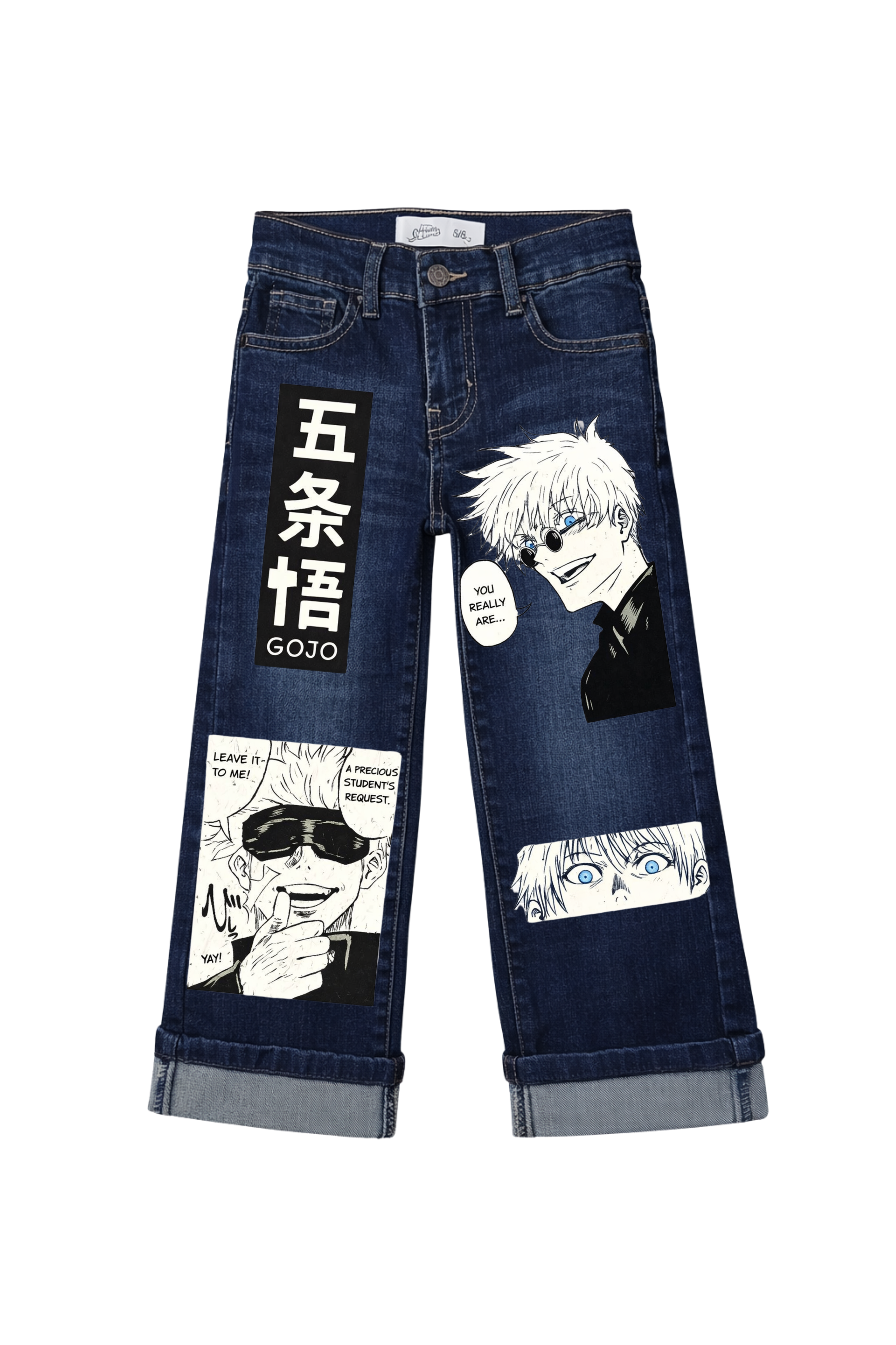 Blue jeans with anime character and text patches on a white background