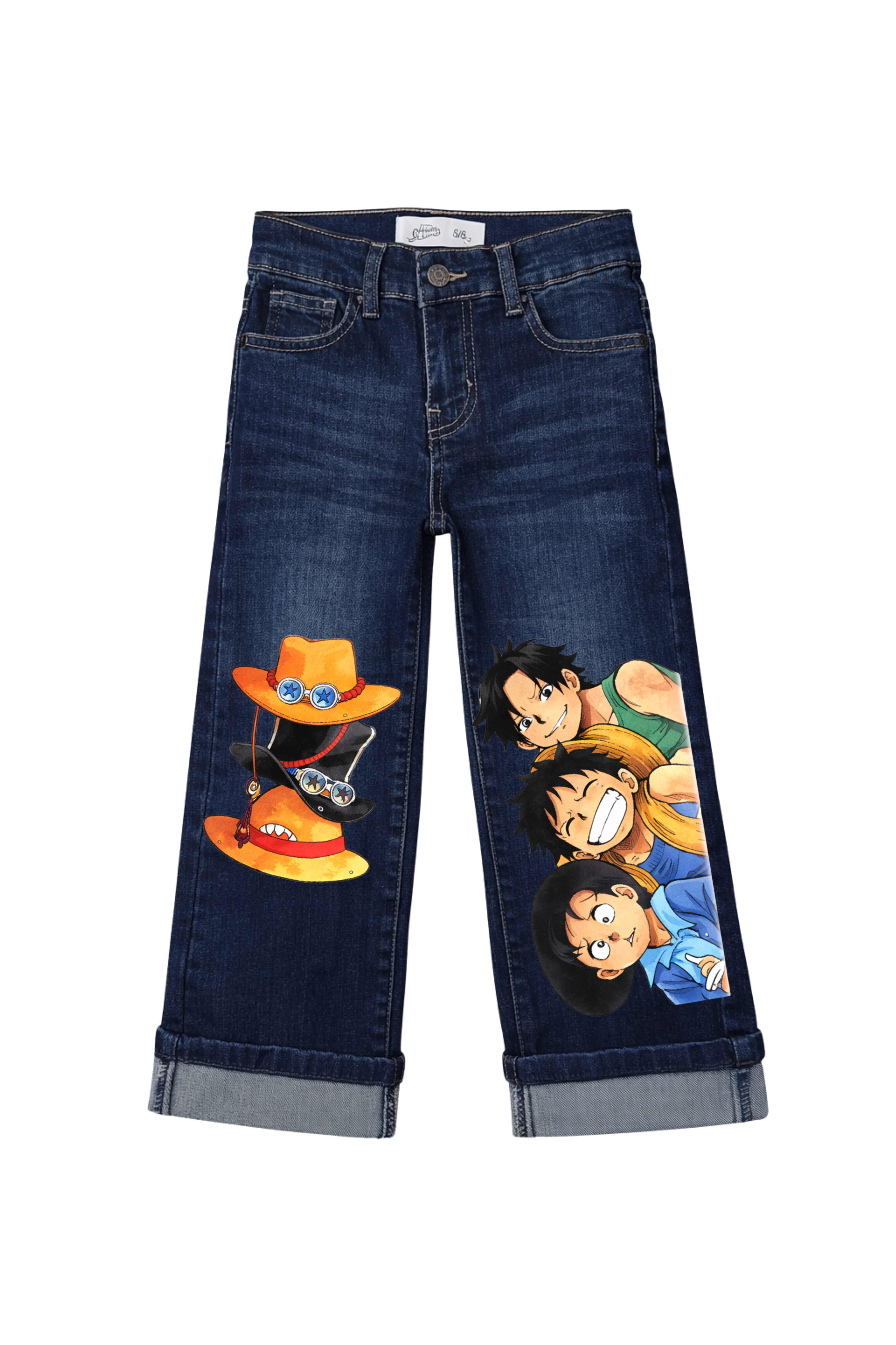Blue jeans with cartoon character design on a white background