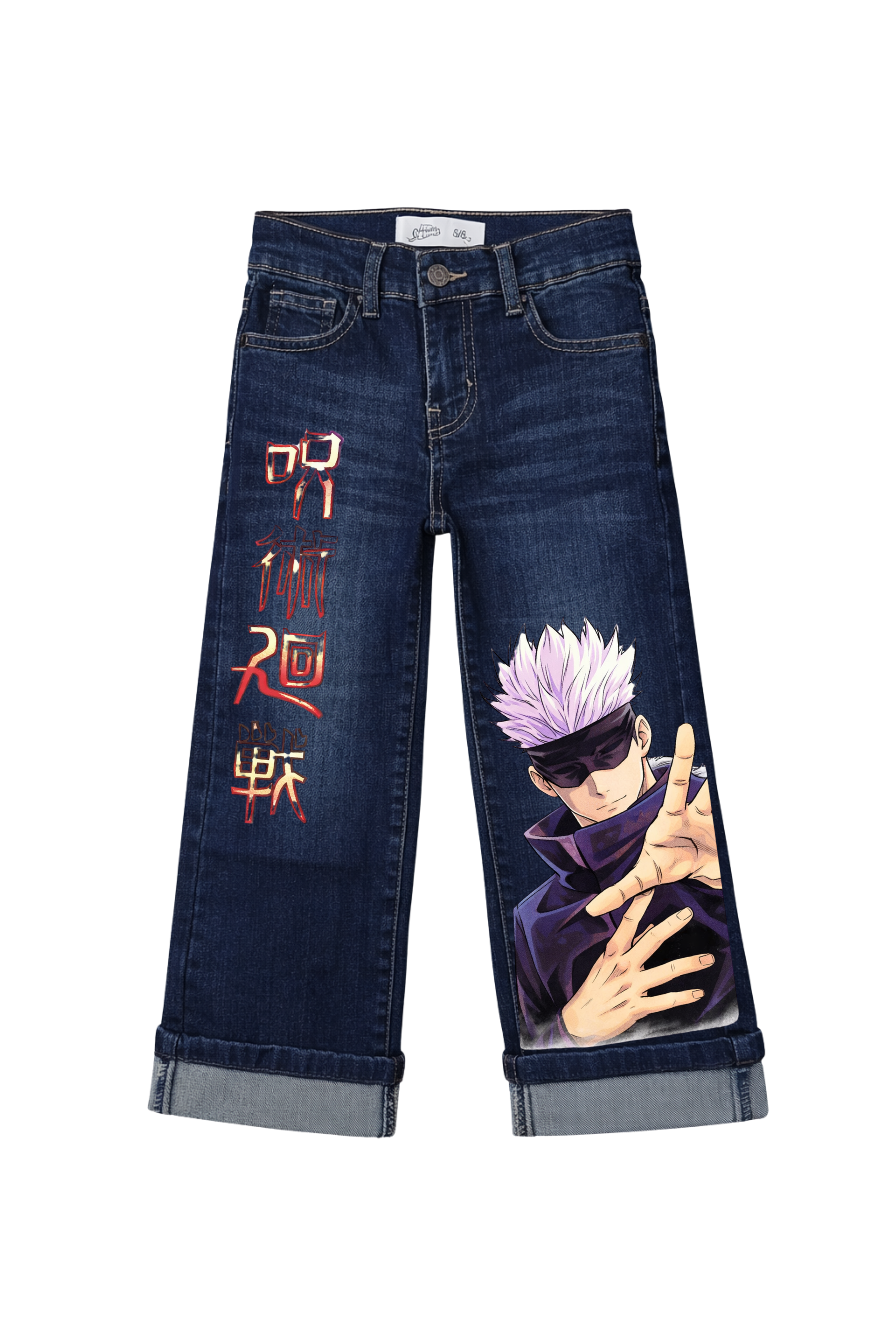 Blue jeans with a character design and text on a white background