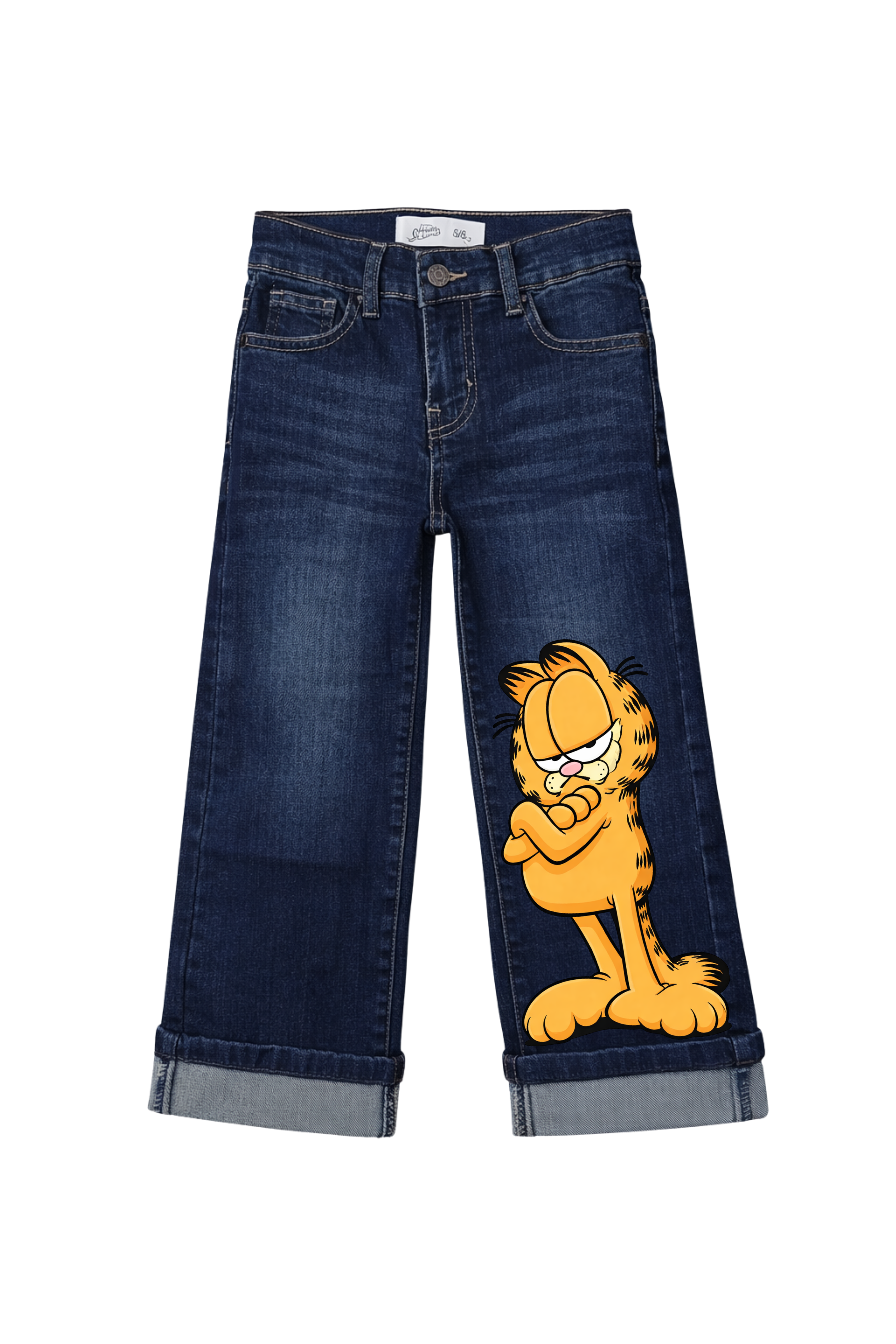 Blue jeans with a cartoon character on a white background