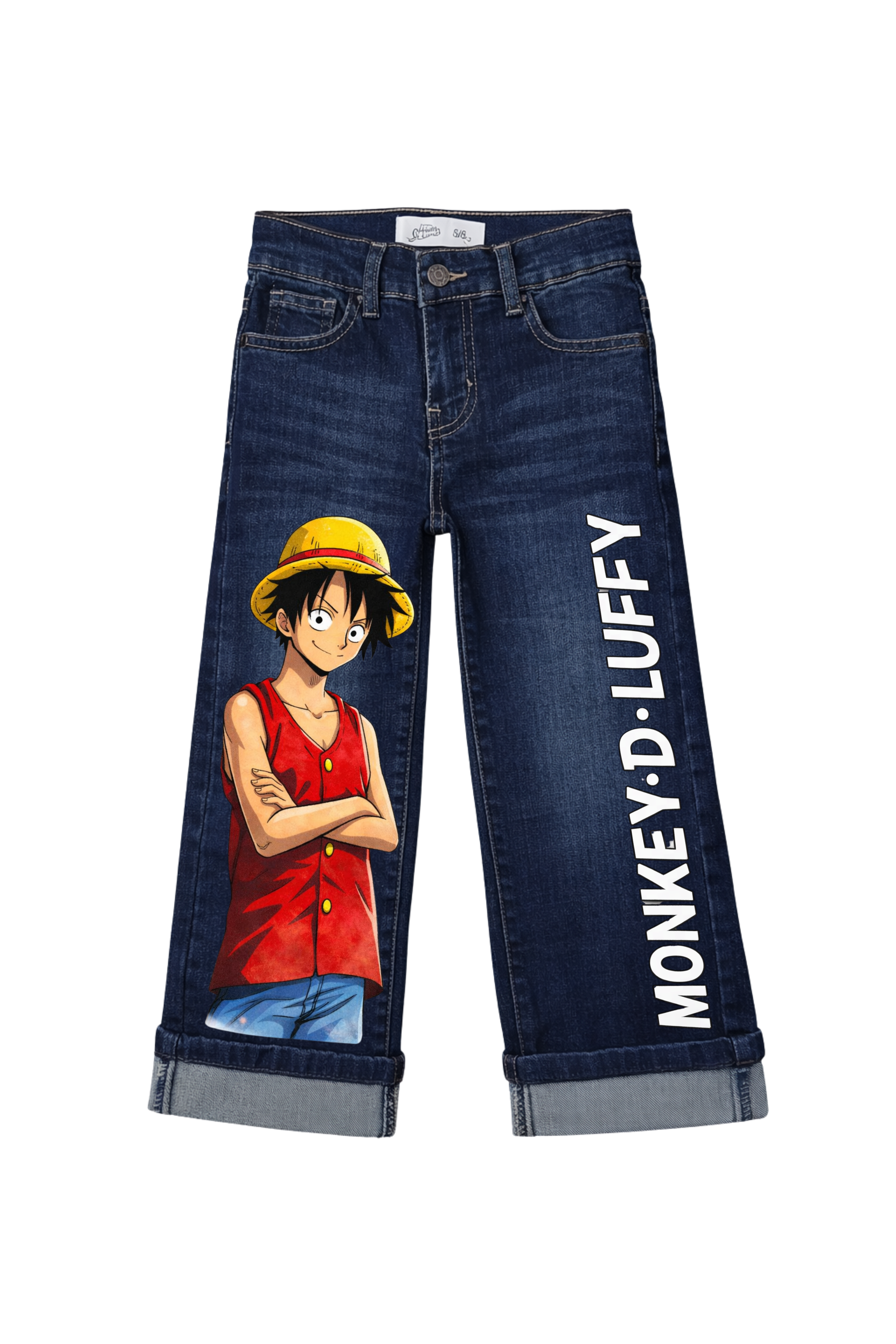 Blue jeans with an anime character and 'Monkey D. Luffy' text on a white background