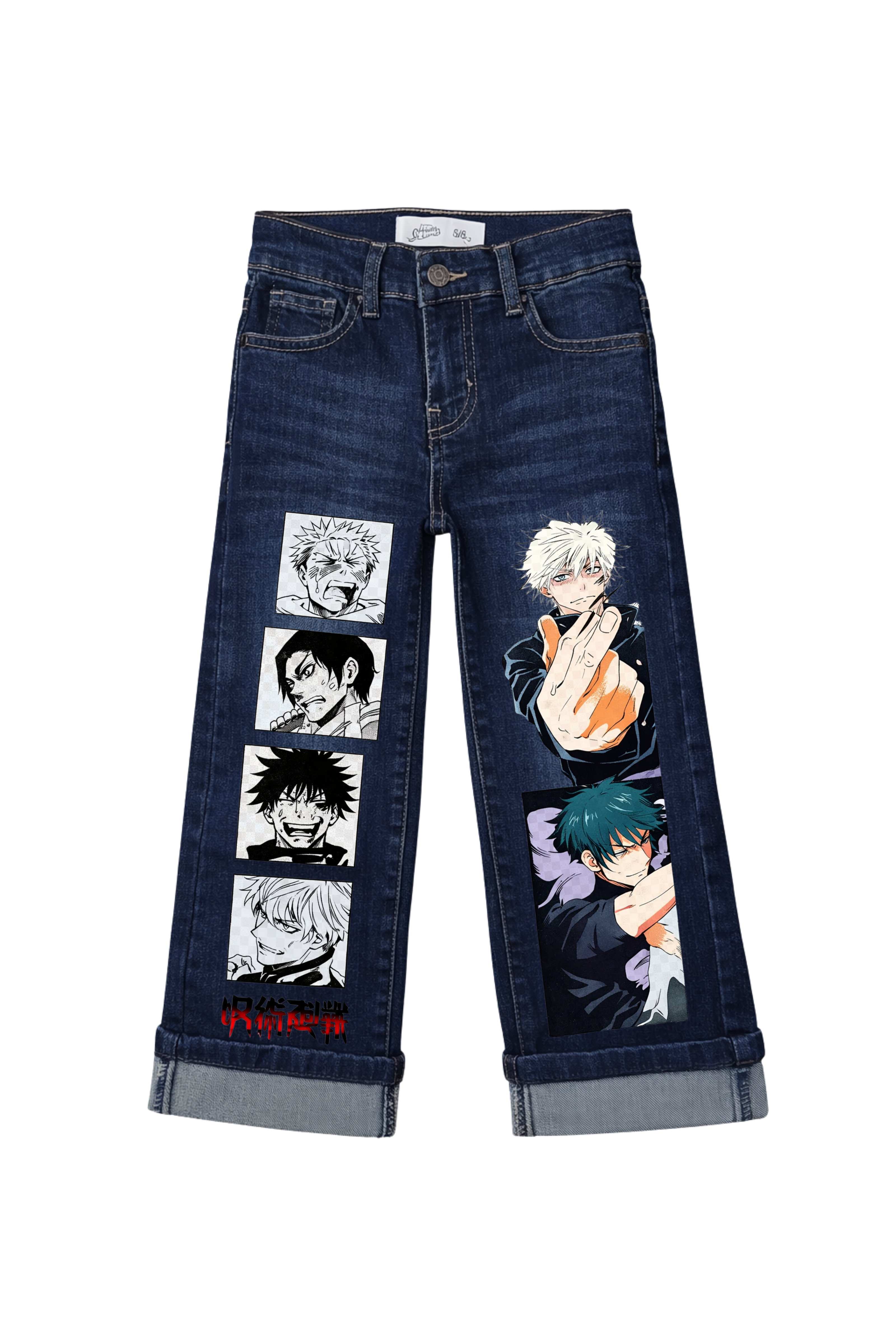 Blue jeans with anime character patches on a white background