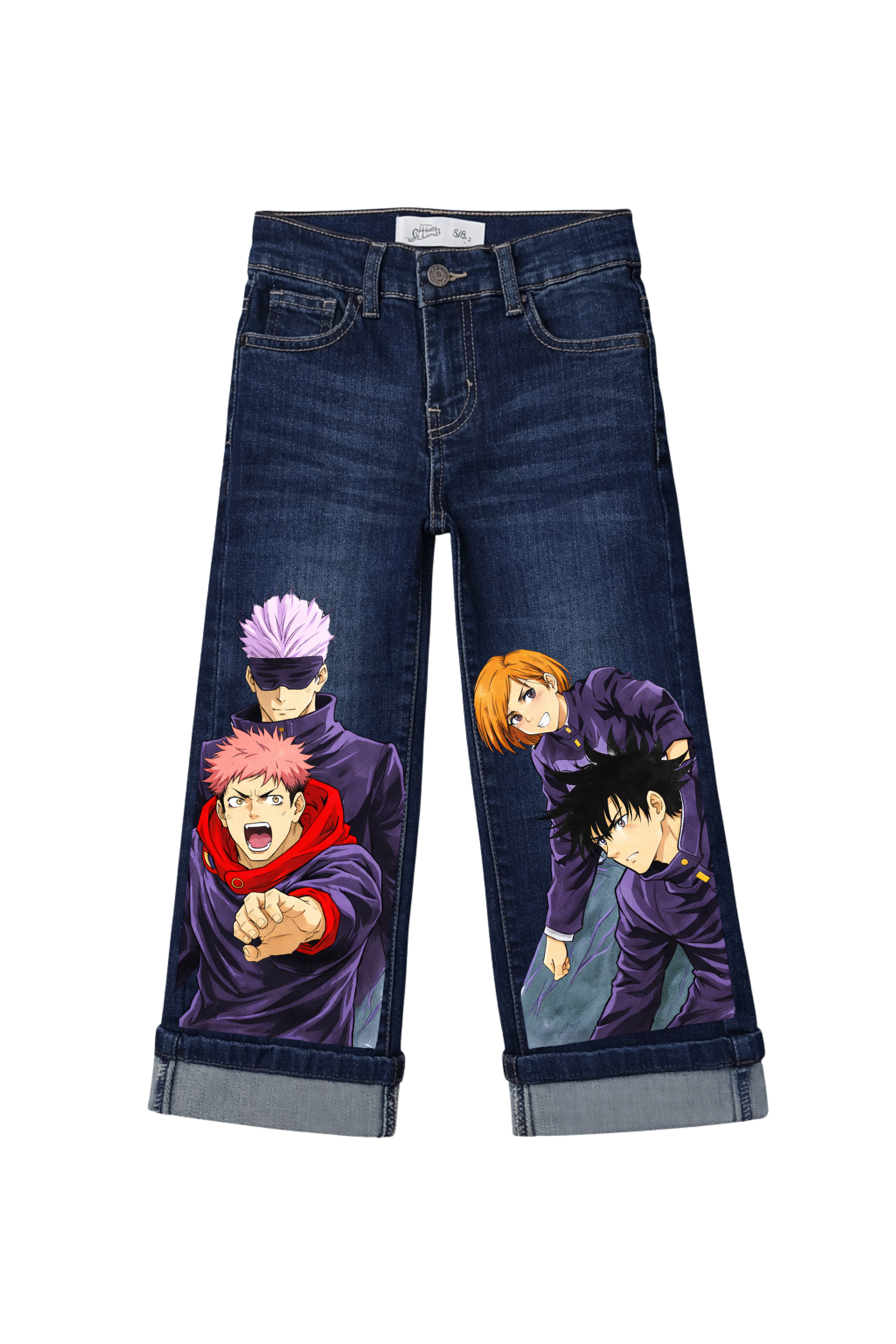Blue jeans with animated character prints on a white background