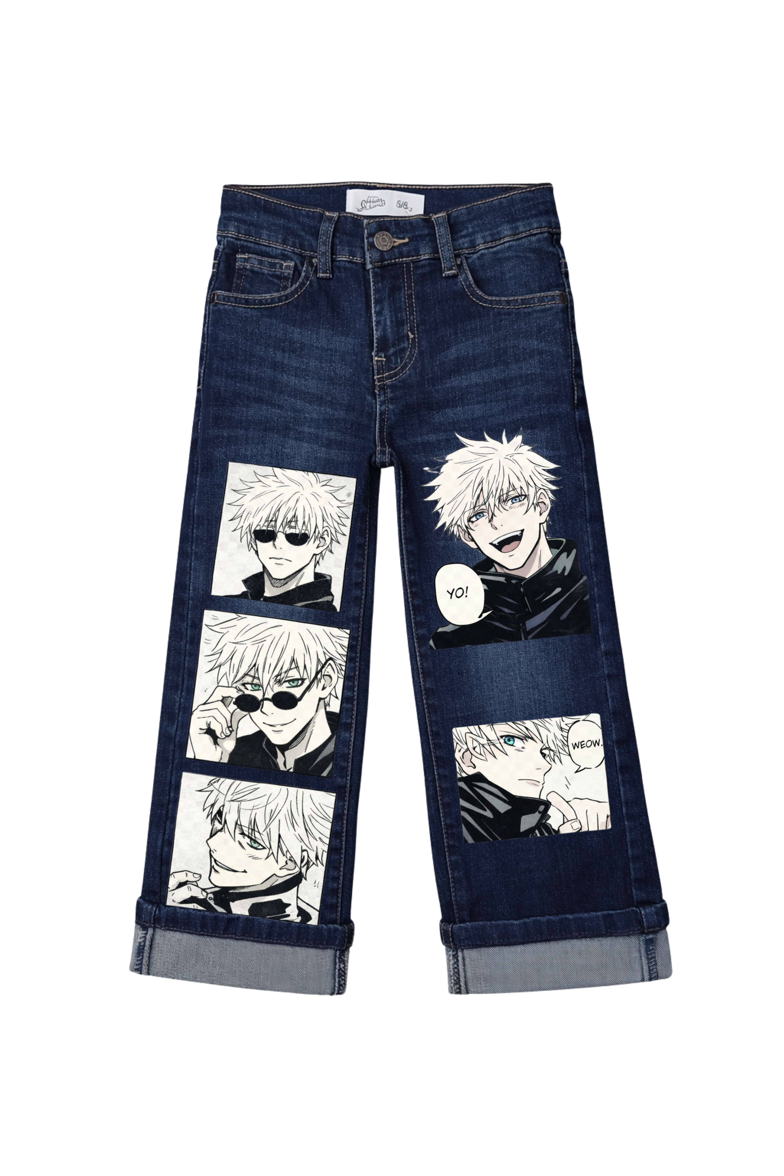 Blue jeans with anime character illustrations on a white background