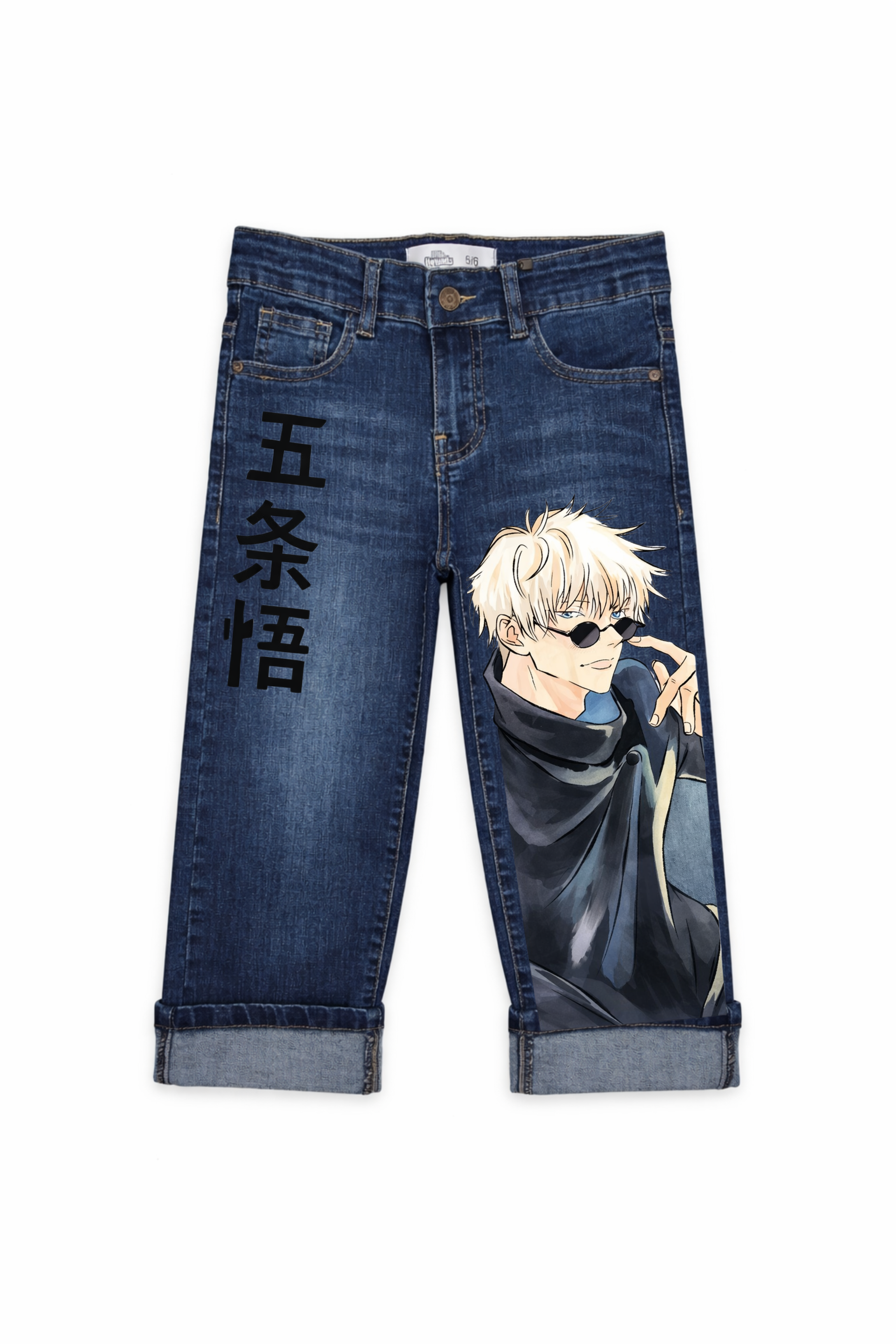 Blue jeans with anime character and kanji text on a white background