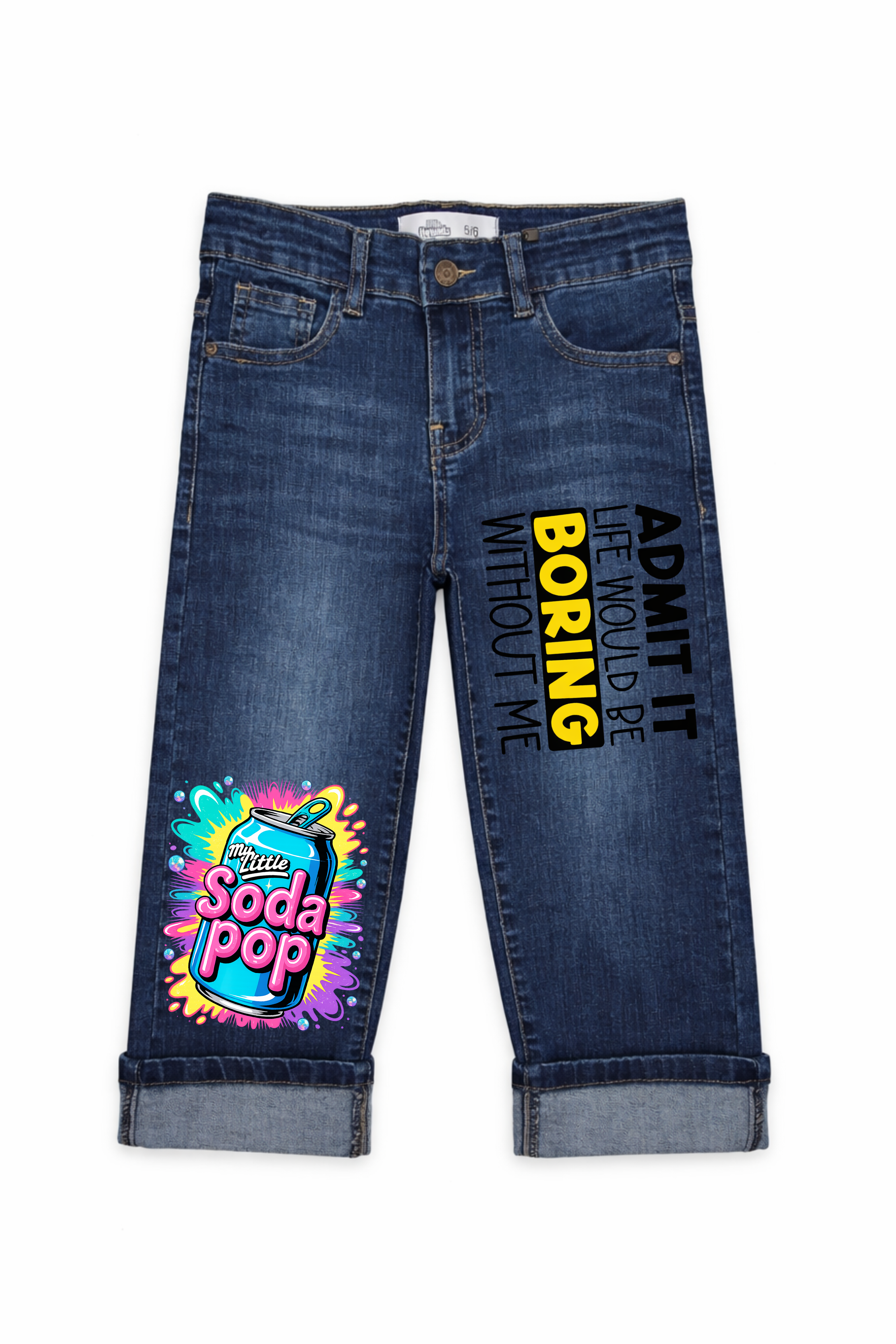 Blue jeans with colorful graphics and text on a white background