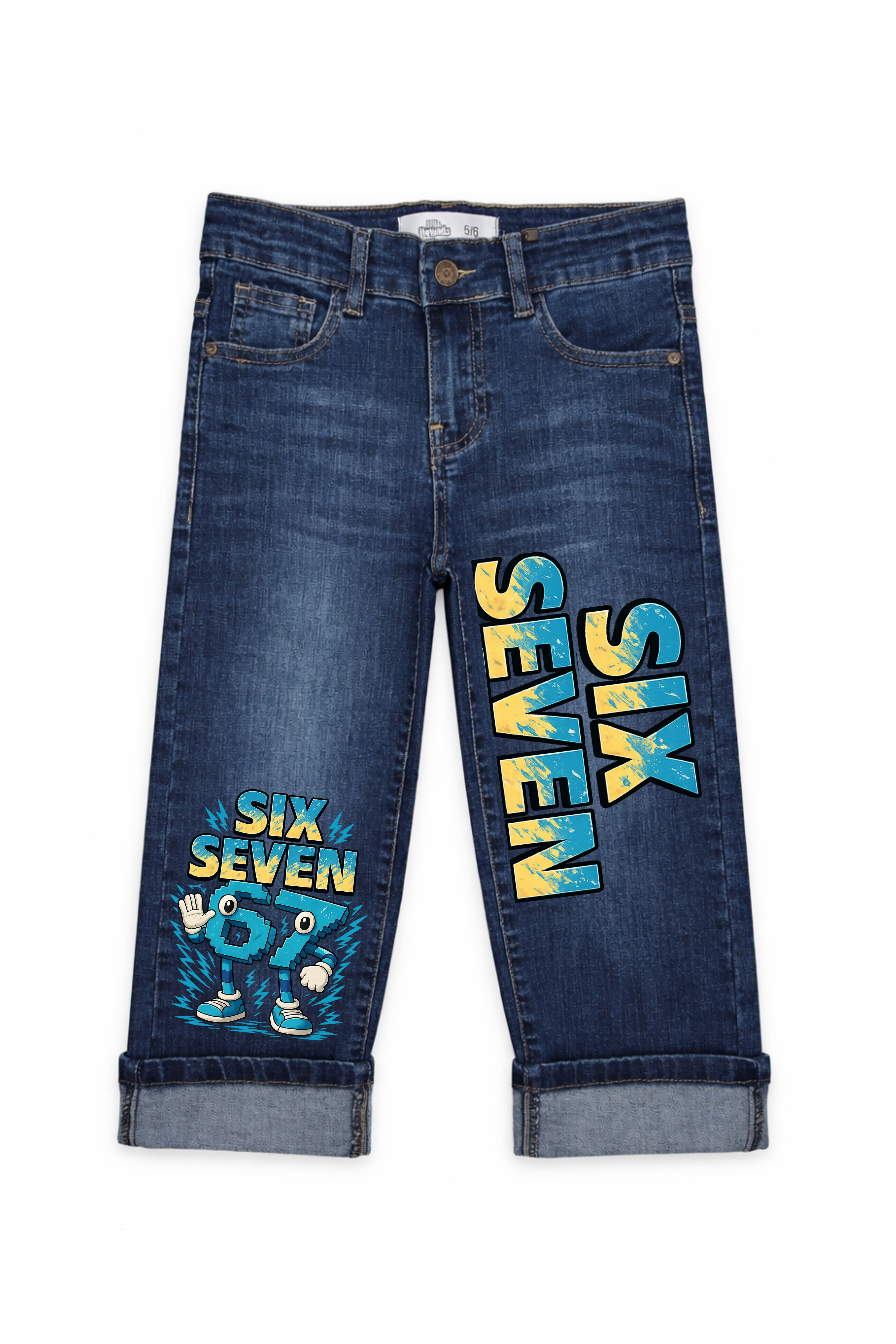 Blue jeans with 'Six Seven' text and graphics on a white background