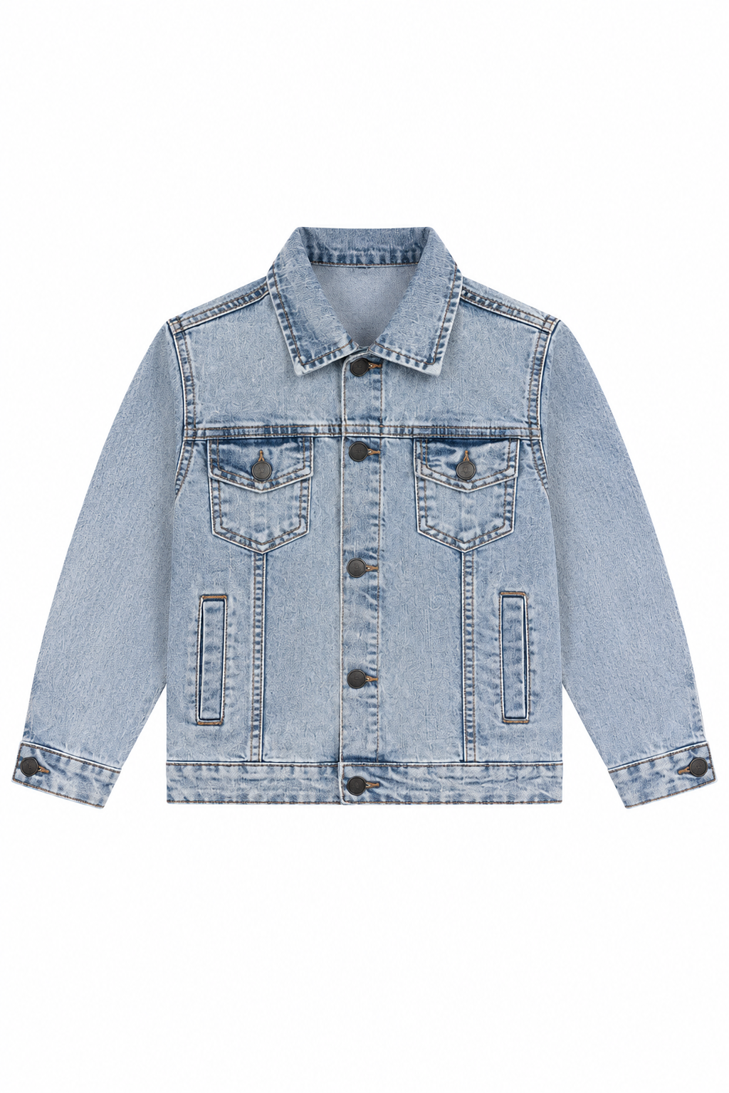 A light blue denim jacket with a classic collar, button-up front, and two chest pockets, shown flat on a white background.