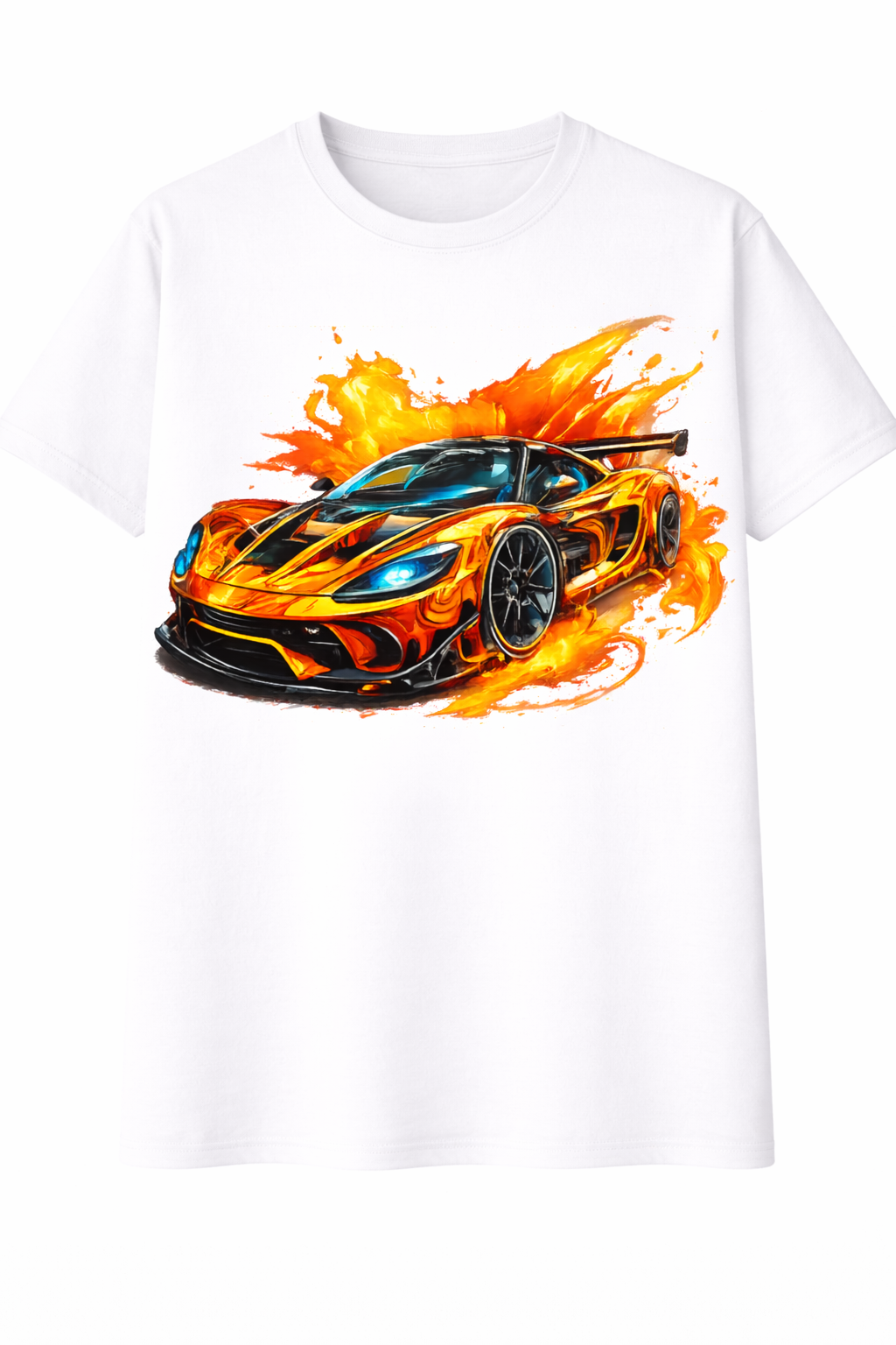 White t-shirt with a colorful car graphic on a white background