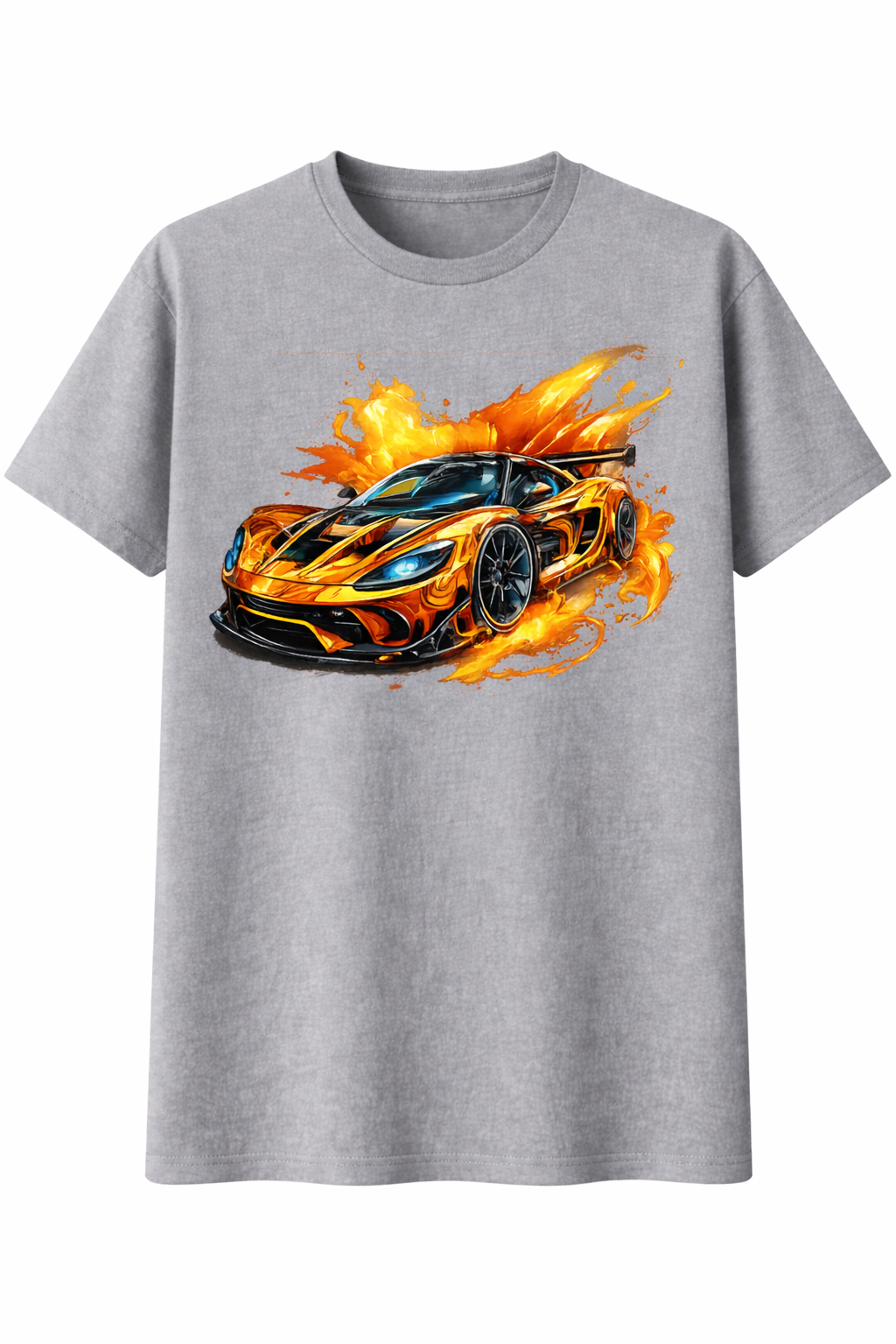 Gray t-shirt with a car design on fire on a white background